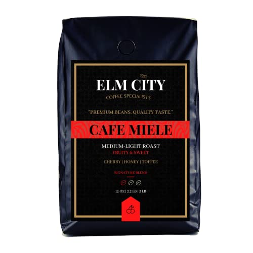 Elm City Coffee Specialists Espresso Whole Bean Coffee - Medium Light Roast 100% Arabica, Small Batch Roasted with Honey, Cherry & Toffee Notes, Low Acid High Caffeine - Perfect for Drip Coffee, Espresso Machines, Cold Brew & Aeropress - 5 lb Bag (CAFE MIELE) | Great for Home Brewing, Office Use & Coffee Shops