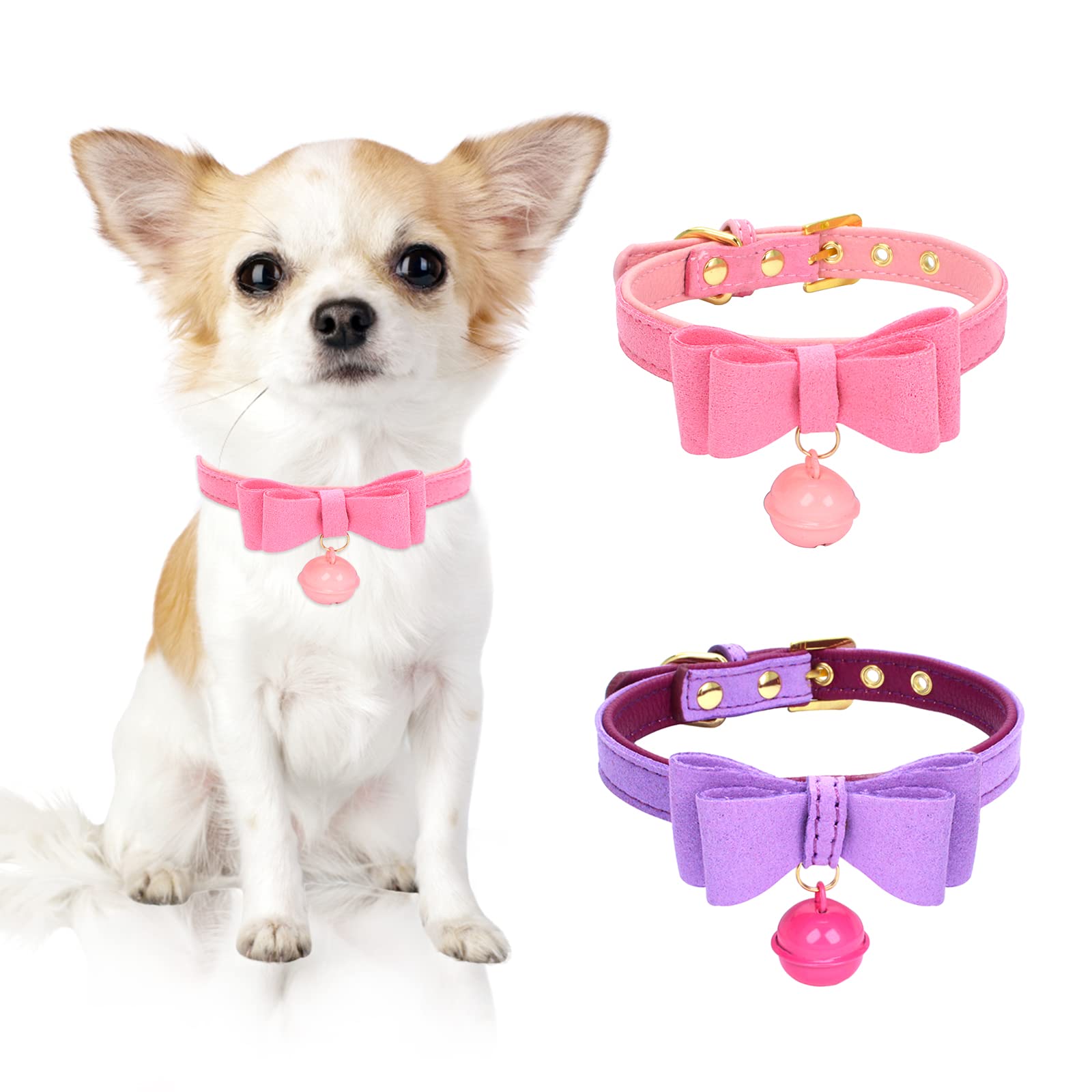 Chihuahua Collar with Bowtie & Bell - 2 Pack XS Leather Dog Collar for Small Dogs - Perfect for Puppy Fashion & Daily Walks