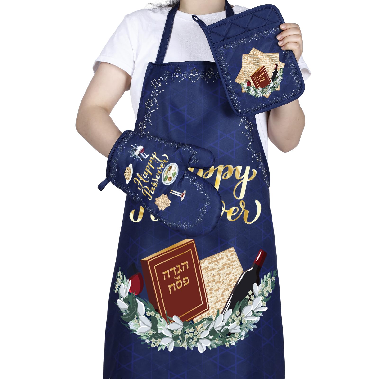 5-Piece Passover Kitchen Set - Apron, Pot Holder, Oven Mitts & Towels - Hostess Gift for Women & Men - Perfect for Passover Cooking, Baking & Holiday Entertaining