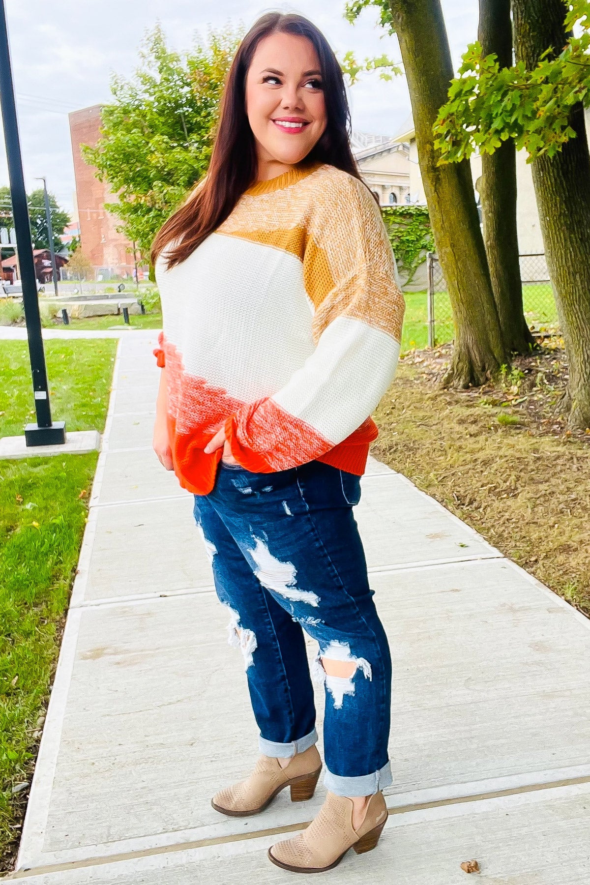 Cute Camel & Orange Color Block Sweater for Women | Cozy Knit Pullover | Perfect for Fall Outfits, Casual Wear & Holiday Gatherings