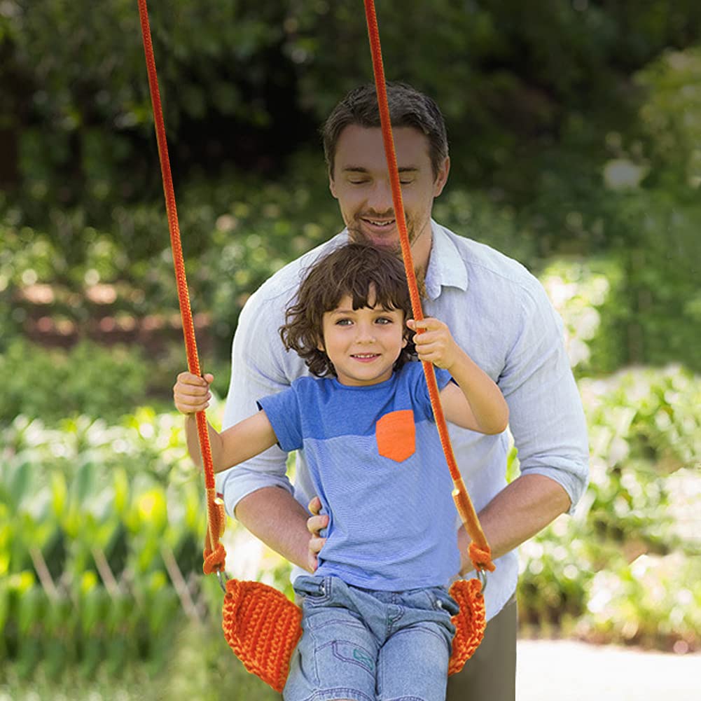 Kids Hand-Knitted Swing Seat - Indoor/Outdoor Portable Tree Swing with Adjustable Ropes, Hanging Strap & Snap Hook - Perfect for Camping, Hiking, Backyard Playset & Playroom - Easy Installation (Orange)