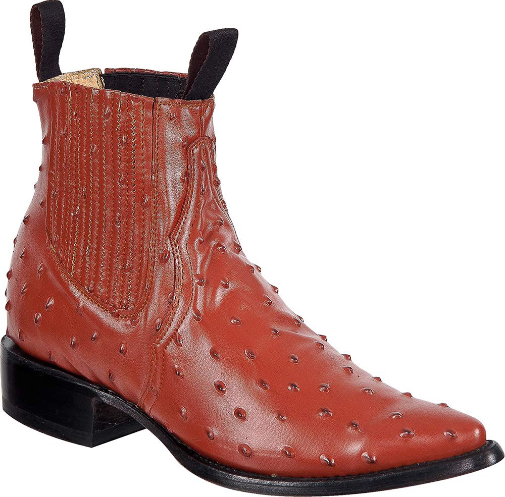 Men's Genuine Leather Cowboy Boots - Ostrich Print Western Ankle Boots with J-Toe for Rodeo, Country Dancing & Casual Wear