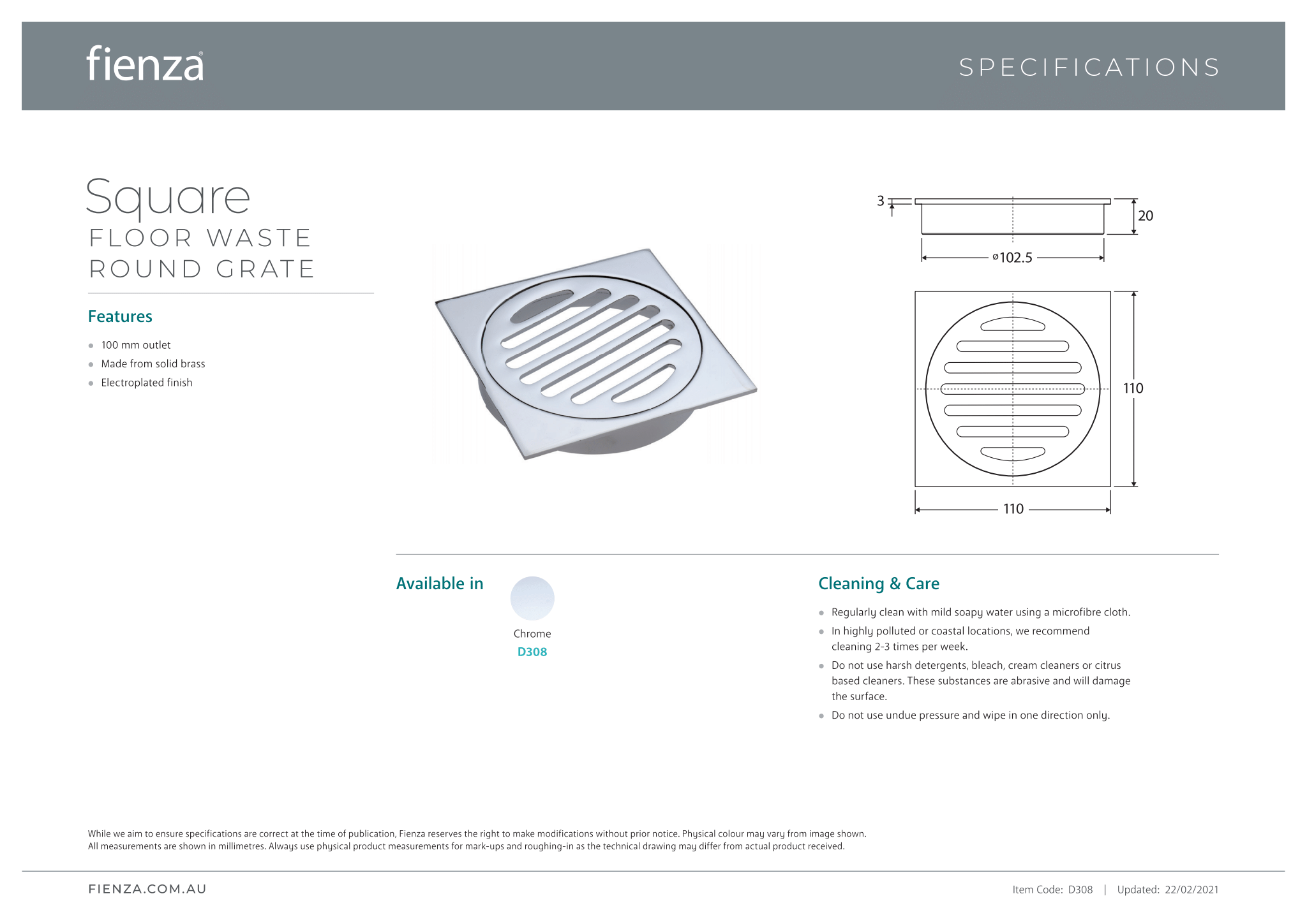 Fienza D308 100mm Square Floor Waste Drain with Round Grate - Chrome Finish for Bathroom, Shower & Laundry Room Drainage Solutions