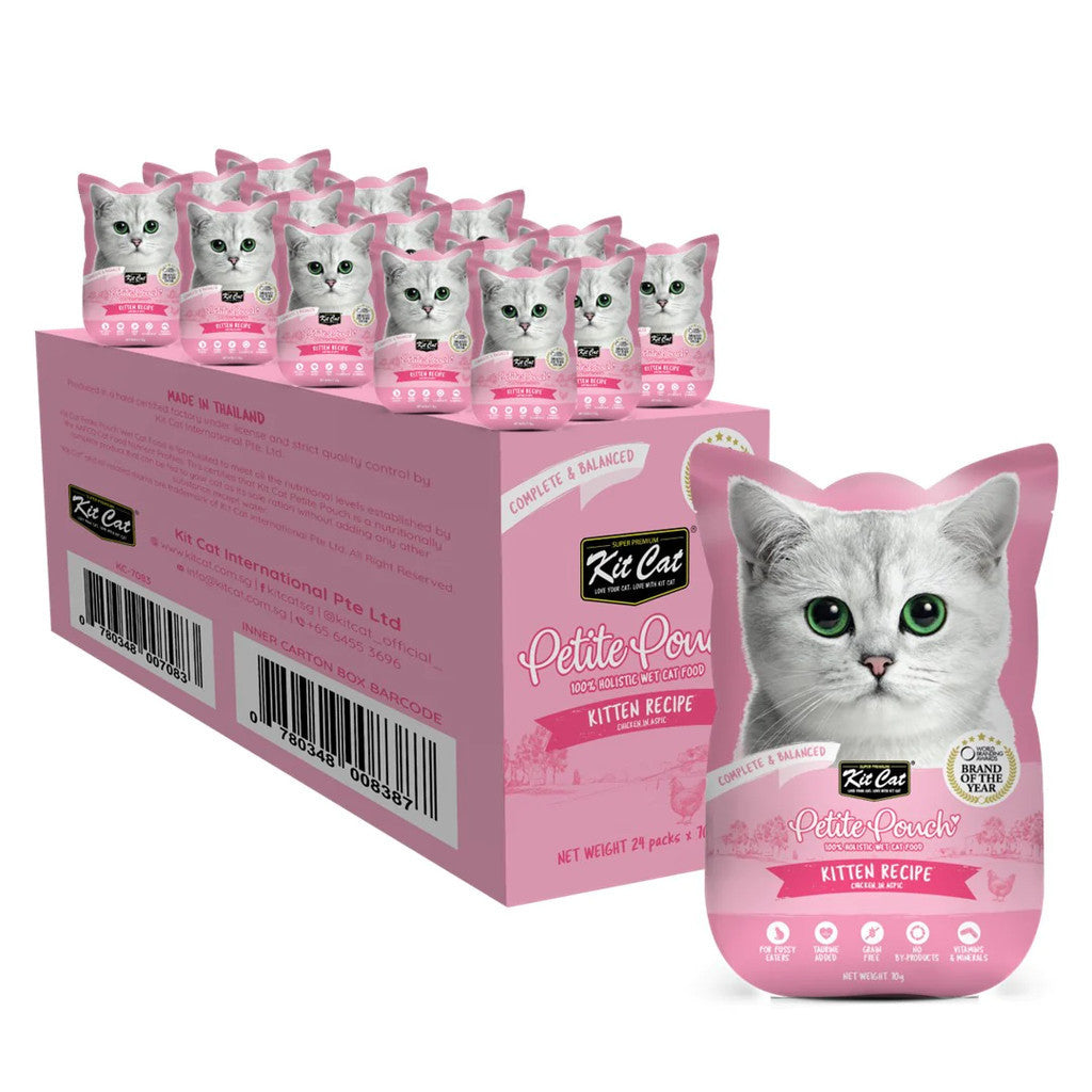 24 Pack Kit Cat Petite Pouch Grain-Free Wet Cat Food - 70g Pouch for Adult & Senior Cats - Perfect for Travel, Treats & Mealtime Variety