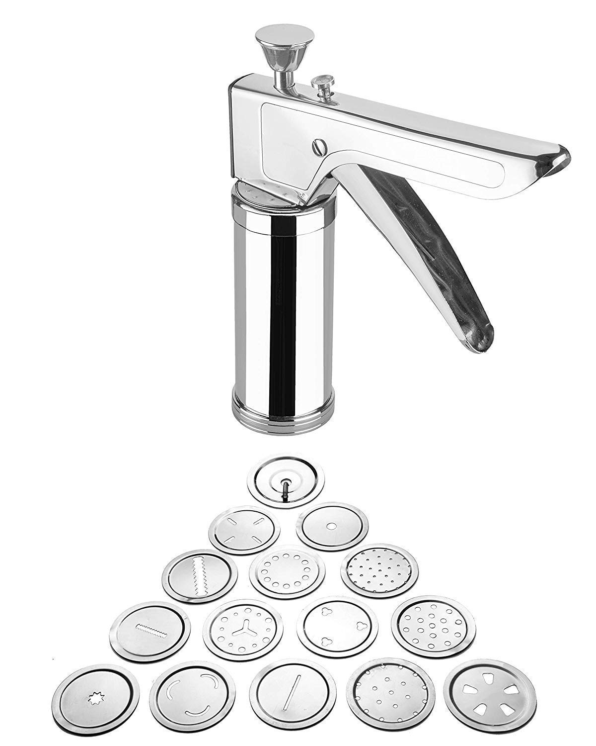 Fairdeal Stainless Steel Sev Sancha Press - 3-in-1 Murukku Maker, Snacks & Namkeen Maker with 6 Icing Nozzles & 15 Sieves (Jali) - Perfect for Indian Snacks, Churros, Pasta & Cookie Decorating