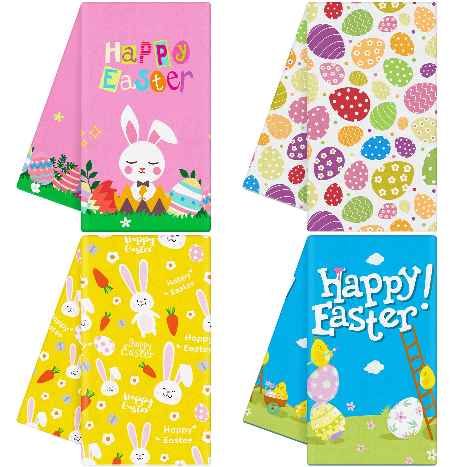Ruisita Set of 4 Happy Easter Dish Towels - 18 x 28 Inch Soft Absorbent Kitchen Towels with Colorful Rabbit & Egg Print - Oversized Decorative Dishcloths for Easter Decor, Spring Kitchen, Holiday Home Decor