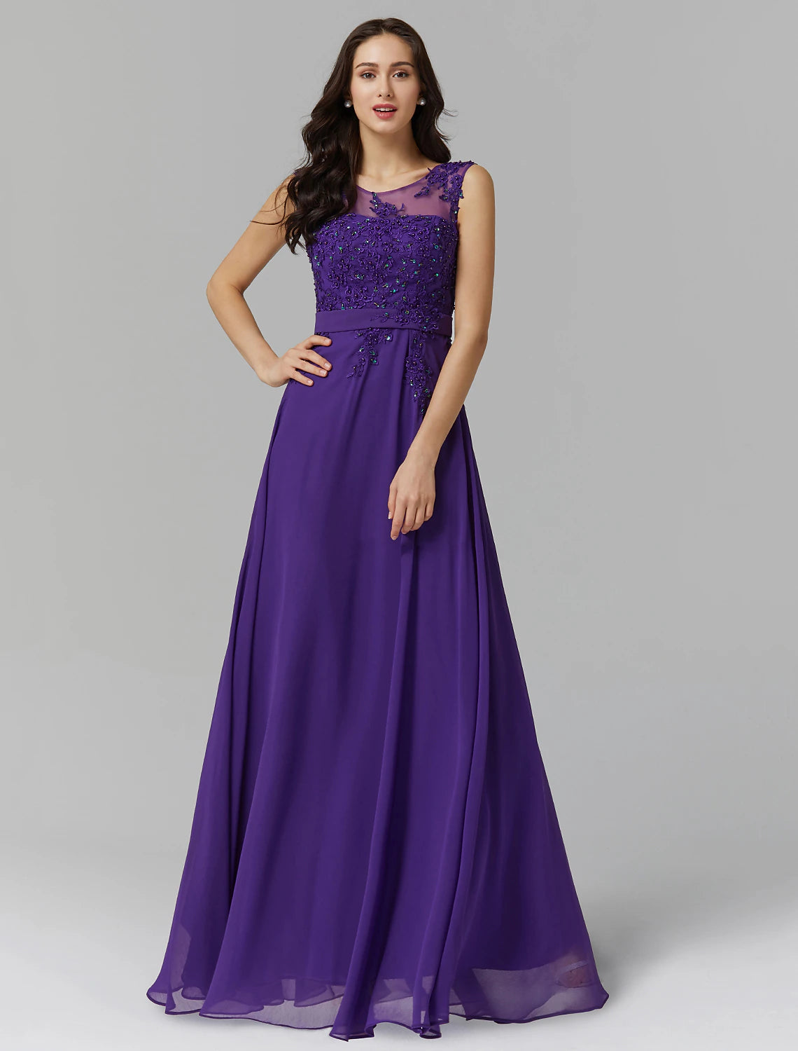 Elegant A-Line Chinese Style Wedding Guest Dress - Floor Length Sleeveless Chiffon Gown with Illusion Neckline, V-Back & Beading Appliques | Perfect for Bridal Showers, Formal Events & Special Occasions