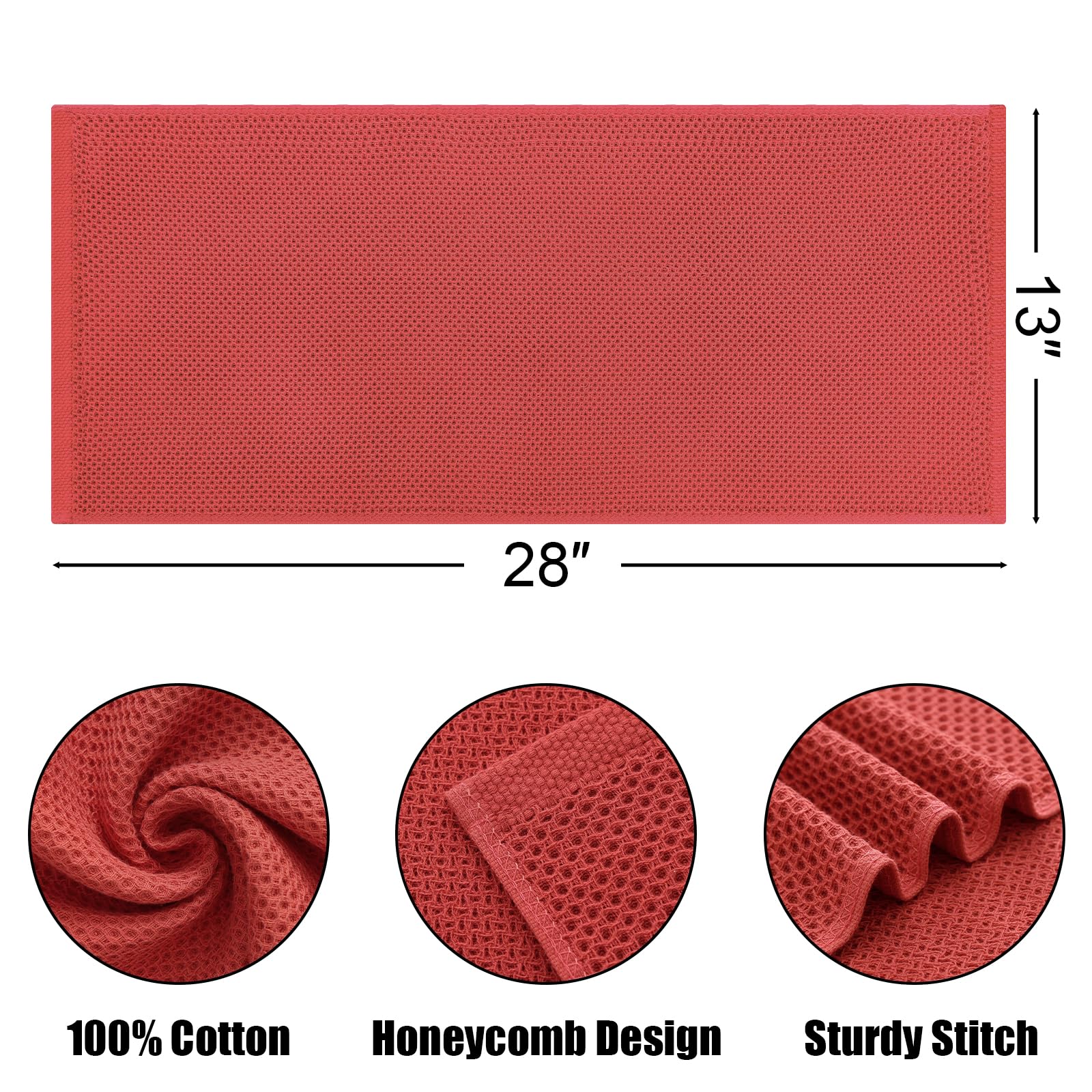 Kitinjoy 100% Cotton Waffle Weave Kitchen Towels - 4 Pack Super Soft & Absorbent Dish Cloths for Drying Dishes, Hands & Countertops (13x28 Inches, Brick Red) - Perfect for Everyday Kitchen Use, Cleaning & Decor