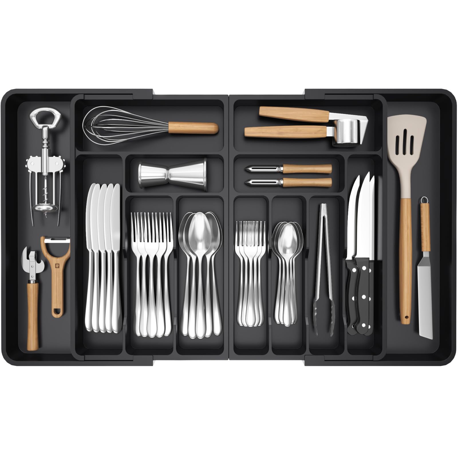 Lifewit Expandable Silverware Drawer Organizer (21-36 Inches) - BPA-Free Plastic Utensil Tray for Kitchen - Adjustable Flatware & Cutlery Holder for Spoons, Forks, Knives - Black - Perfect for Kitchen Drawer Organization & Utensil Storage