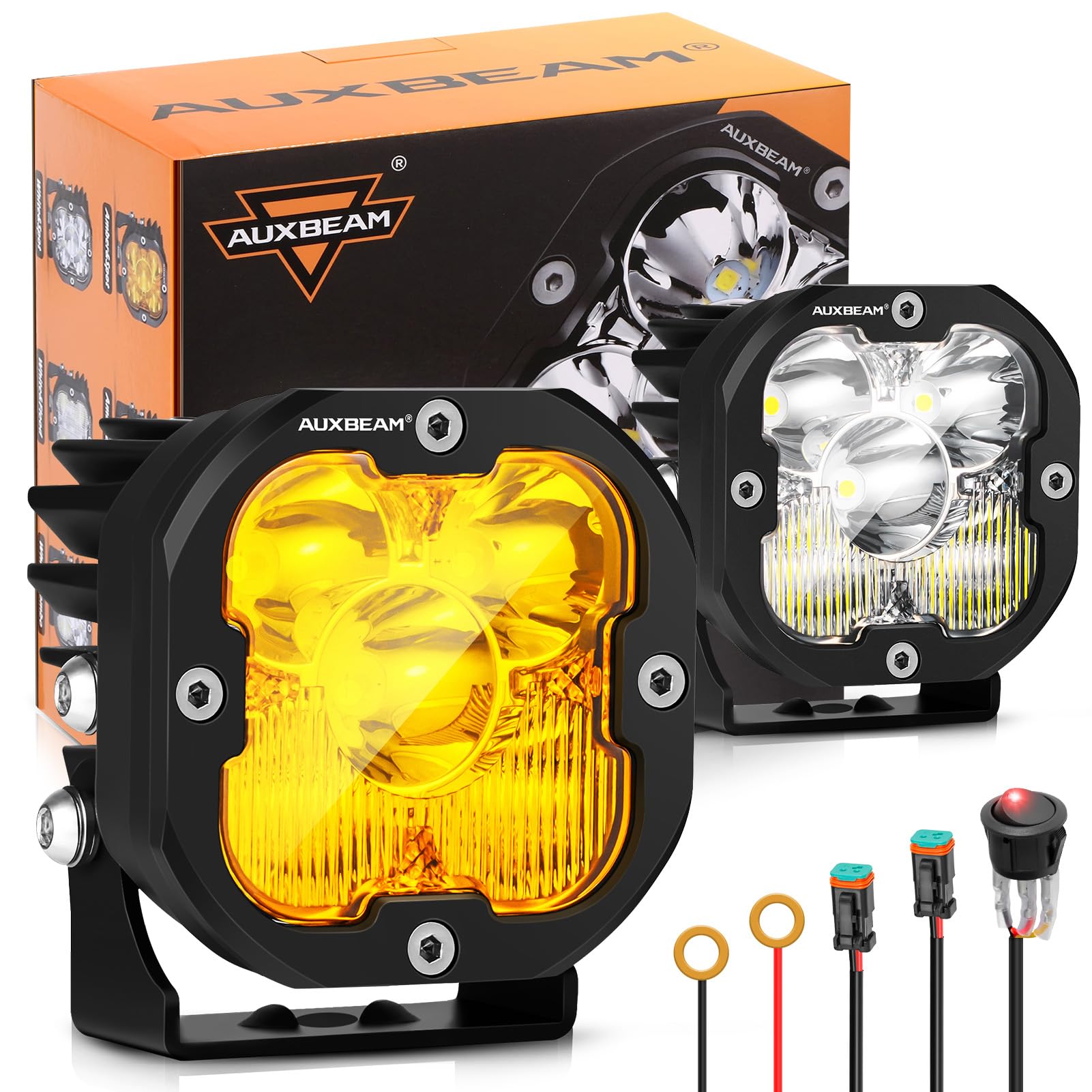 Auxbeam XP-Ultra Series 3 Inch 80W Spot Flood Combo LED Off-Road Lights - 9600LM Amber/White Cube Pod Lights for Trucks, Jeeps & ATVs - Waterproof Auxiliary Fog Lights with Covers (Pair) - Perfect for Off-Roading, Night Driving & Trail Adventures