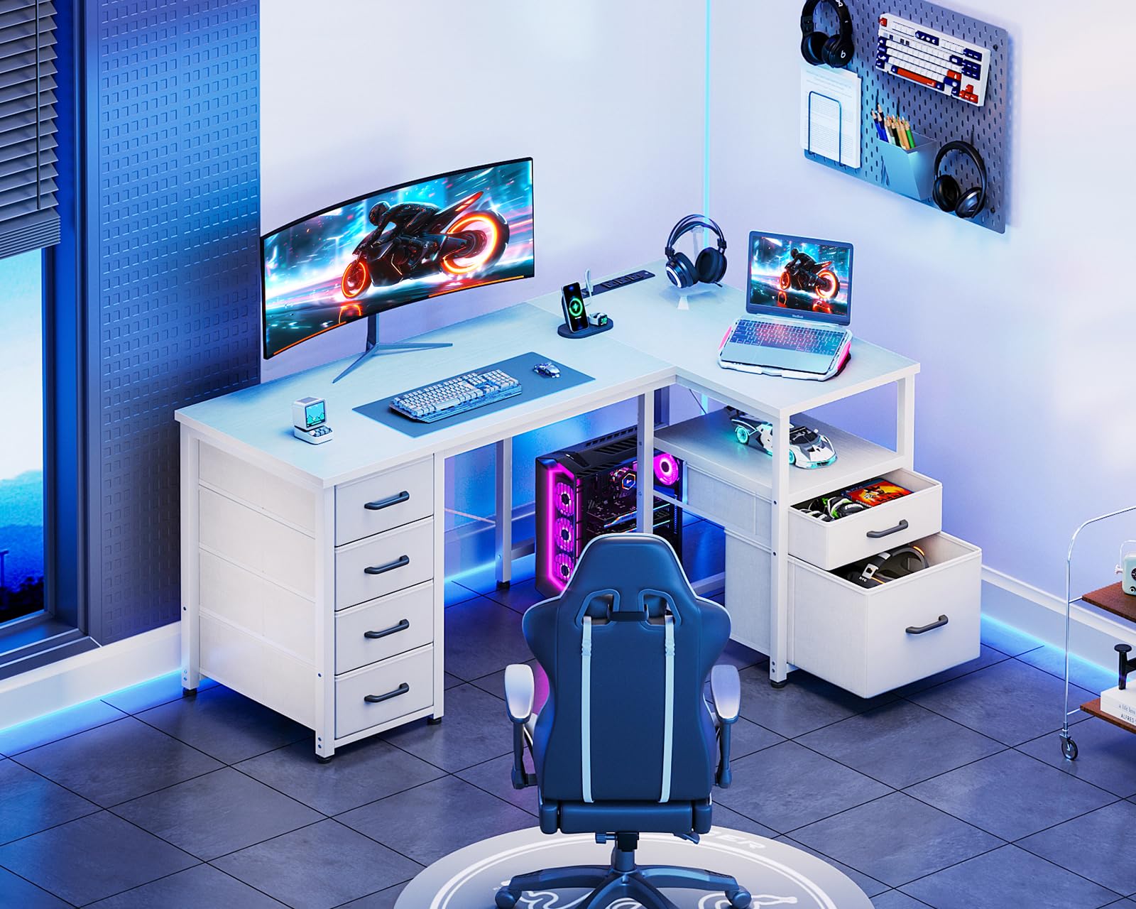 Coleshome 55 Inch L-Shaped Computer Desk with 6 Drawers, Power Outlet & Reversible Storage Shelf - Home Office Corner Desk with File Drawer in White | Perfect for Small Spaces, Gaming Setup & Remote Work