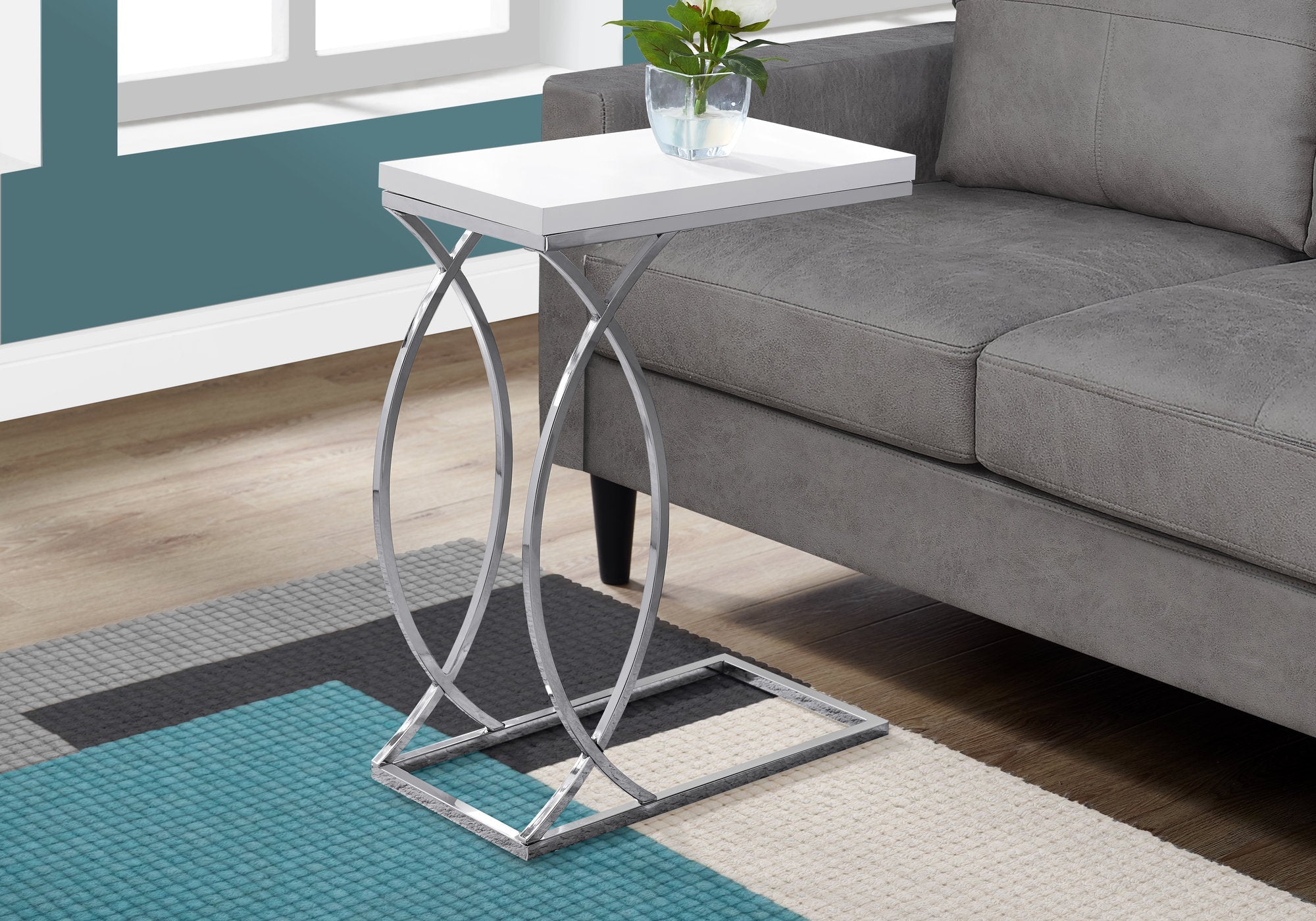 Modern Glossy White Accent Table with Chrome Metal Legs - Perfect for Living Room, Bedroom, or Office Décor