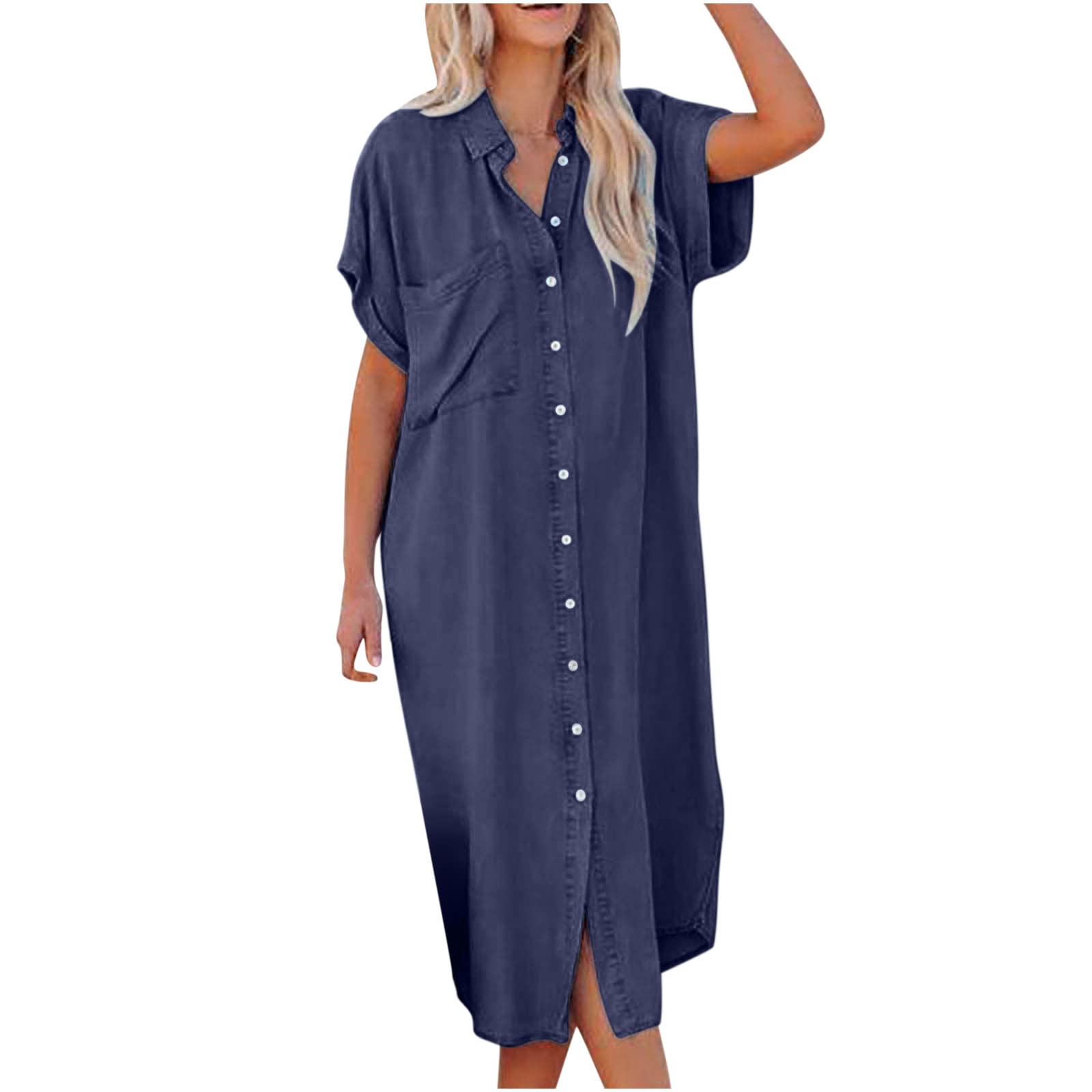 Women's Summer Denim Shirt Dress - Casual Short Sleeve Lapel V-Neck Shift Maxi Dress | Perfect for Beach Outings, Weekend Brunch & Summer Vacations