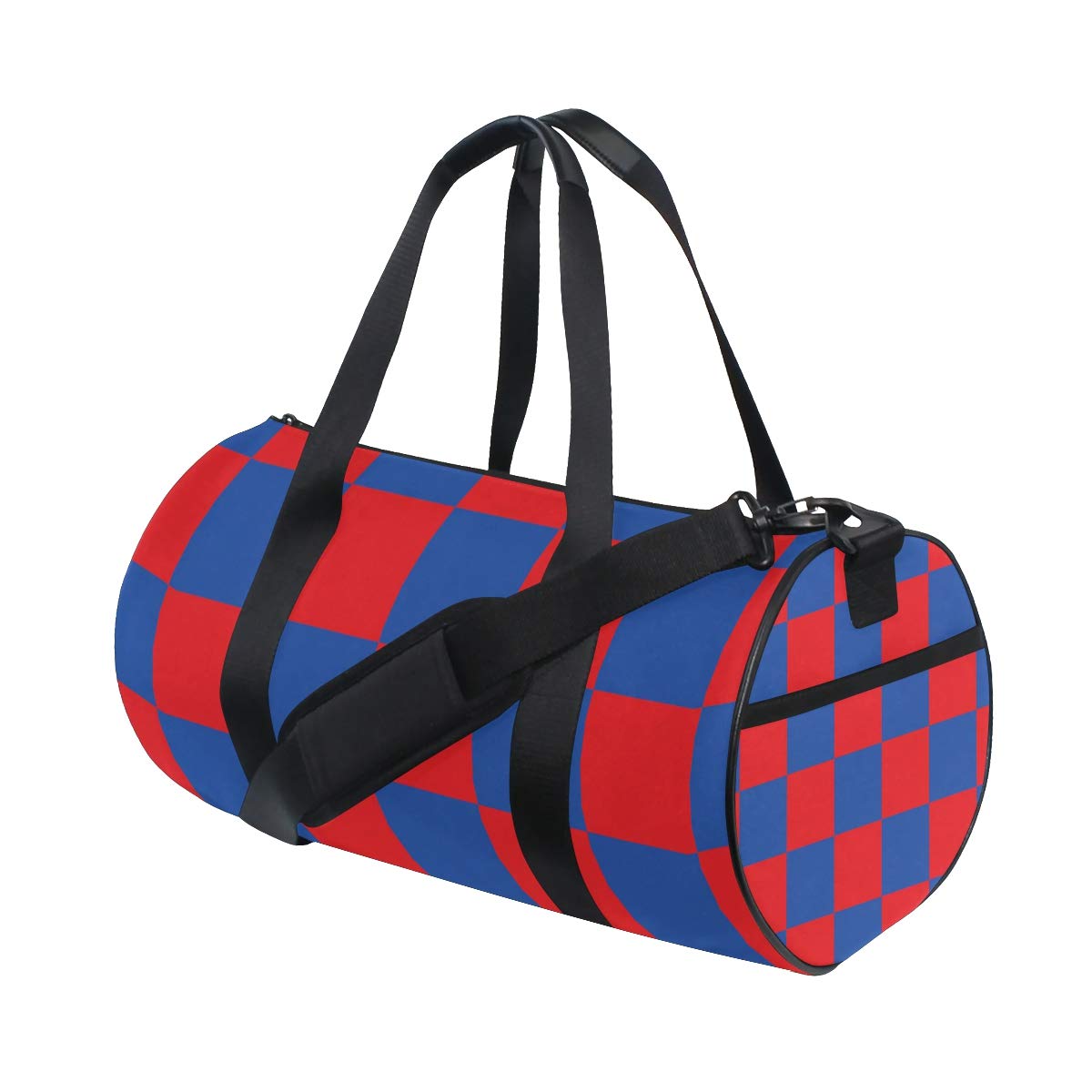 Checkerboard Pattern Barrel Duffel Bag - Red & Blue Sports Gym Travel Bag for Men & Women - Perfect for Workouts, Travel, and Outdoor Adventures