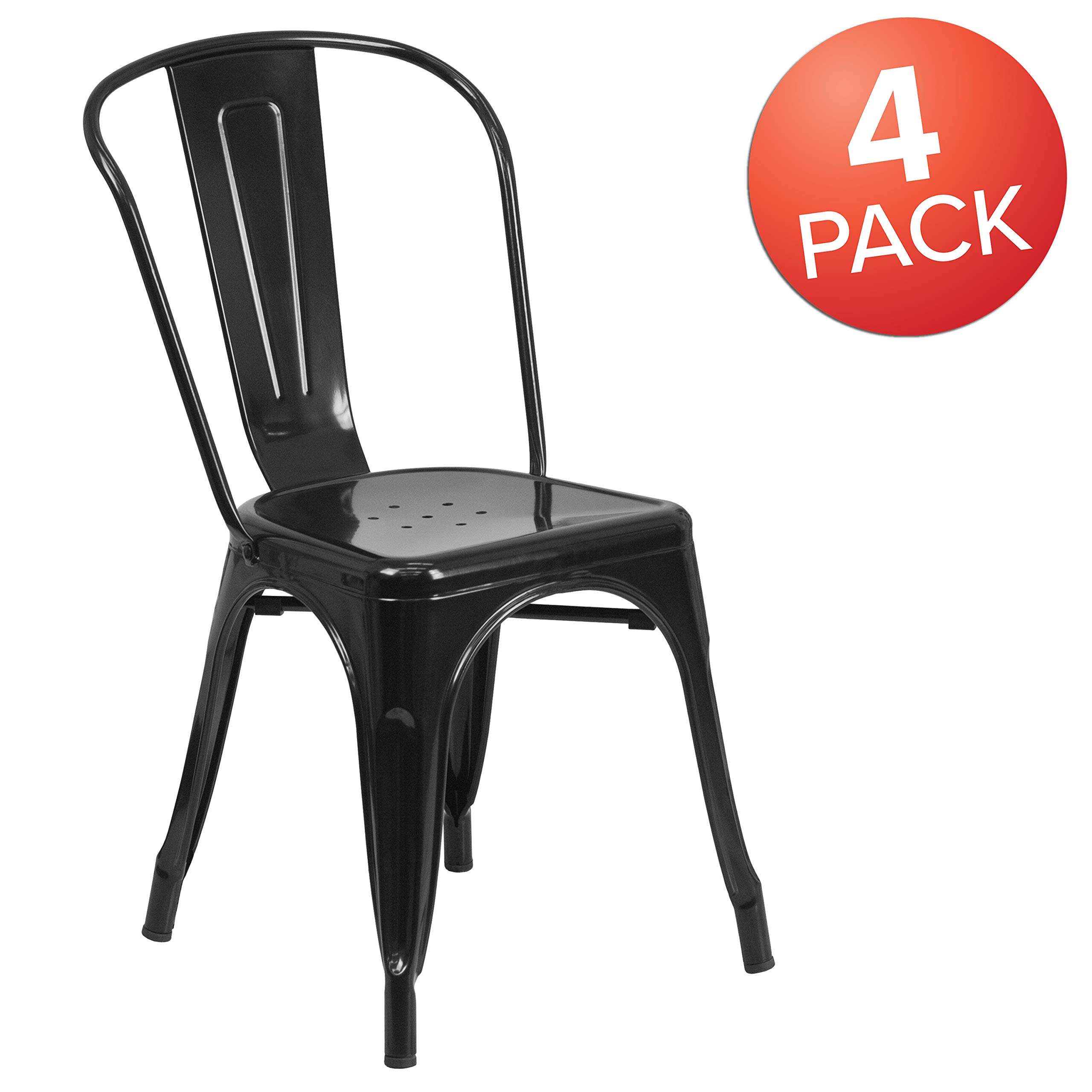 4 Pack Black Metal Stackable Chairs for Indoor & Outdoor Use - Heavy Duty Bistro & Restaurant Chairs for Dining, Patio, Cafe, and Commercial Spaces