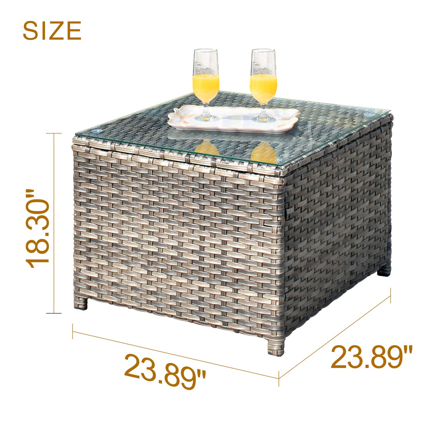 Ovios Outdoor Side Table with Tempered Glass Top - Wicker Patio Coffee Table & Rattan Bistro End Table for Porch, Deck, Balcony, Garden, Poolside - Grey | Perfect for Outdoor Lounging, Entertaining Guests, and Poolside Relaxation