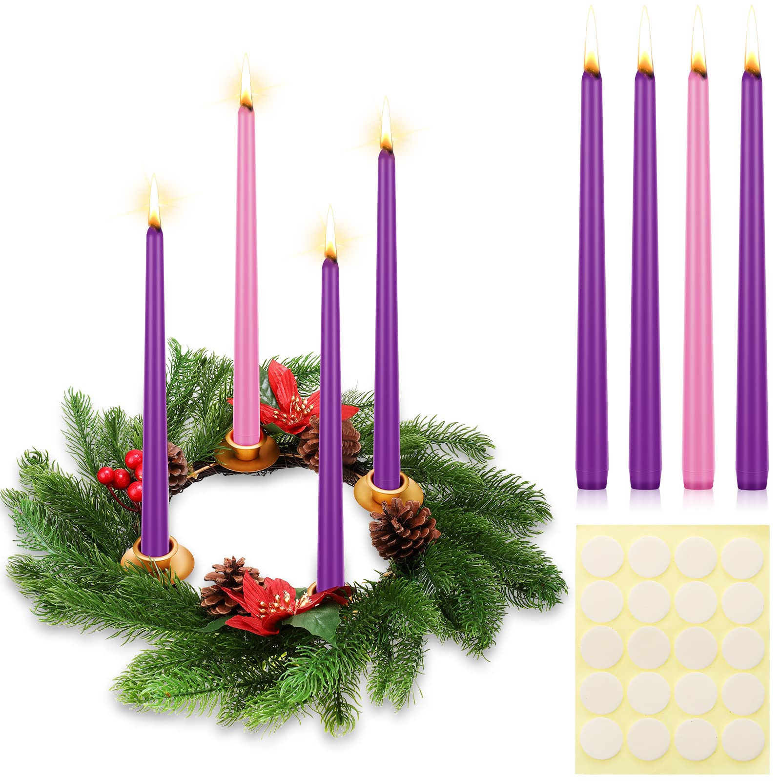 5-Piece 19-Inch Christmas Advent Wreath Candle Holder Set with 4 Taper Candles - Traditional Holiday Centerpiece Decor for Home, Church, and Table Settings During Christmas Season