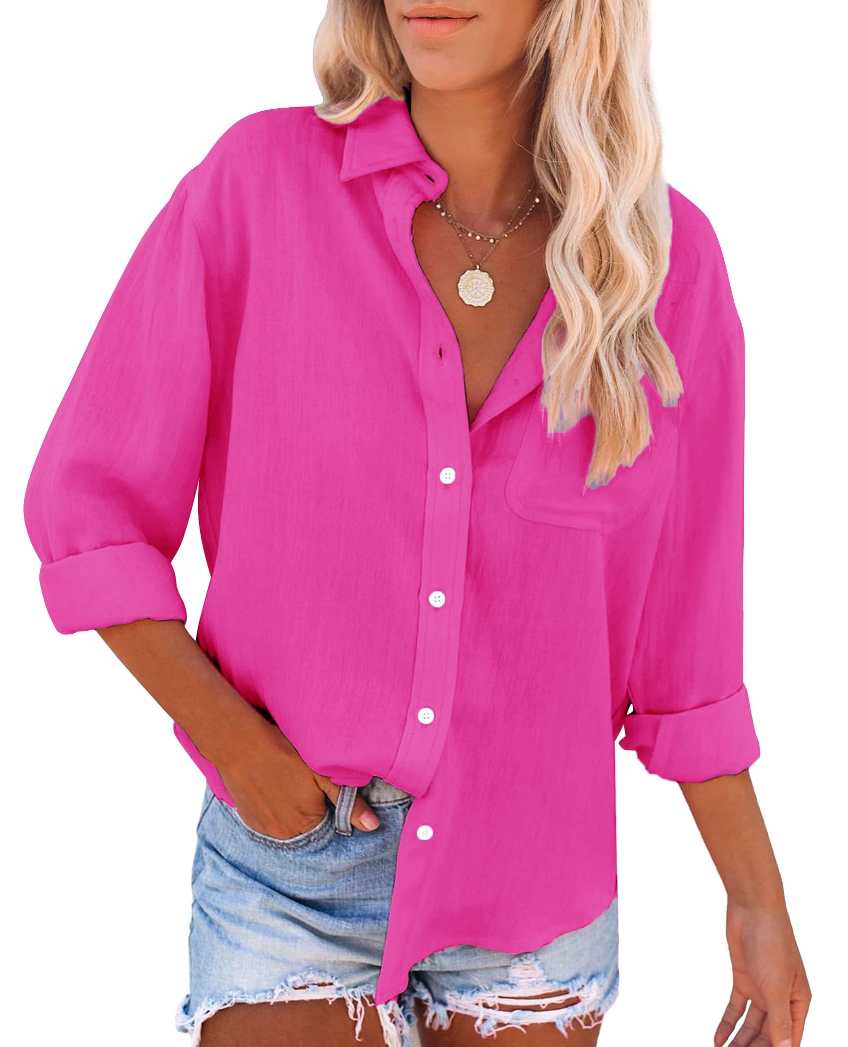 Siliteelon Women's Cotton Button Down Shirts - Long Sleeve V-Neck Blouse with Pockets | Casual Office Wear, Business Attire & Everyday Tunic Top