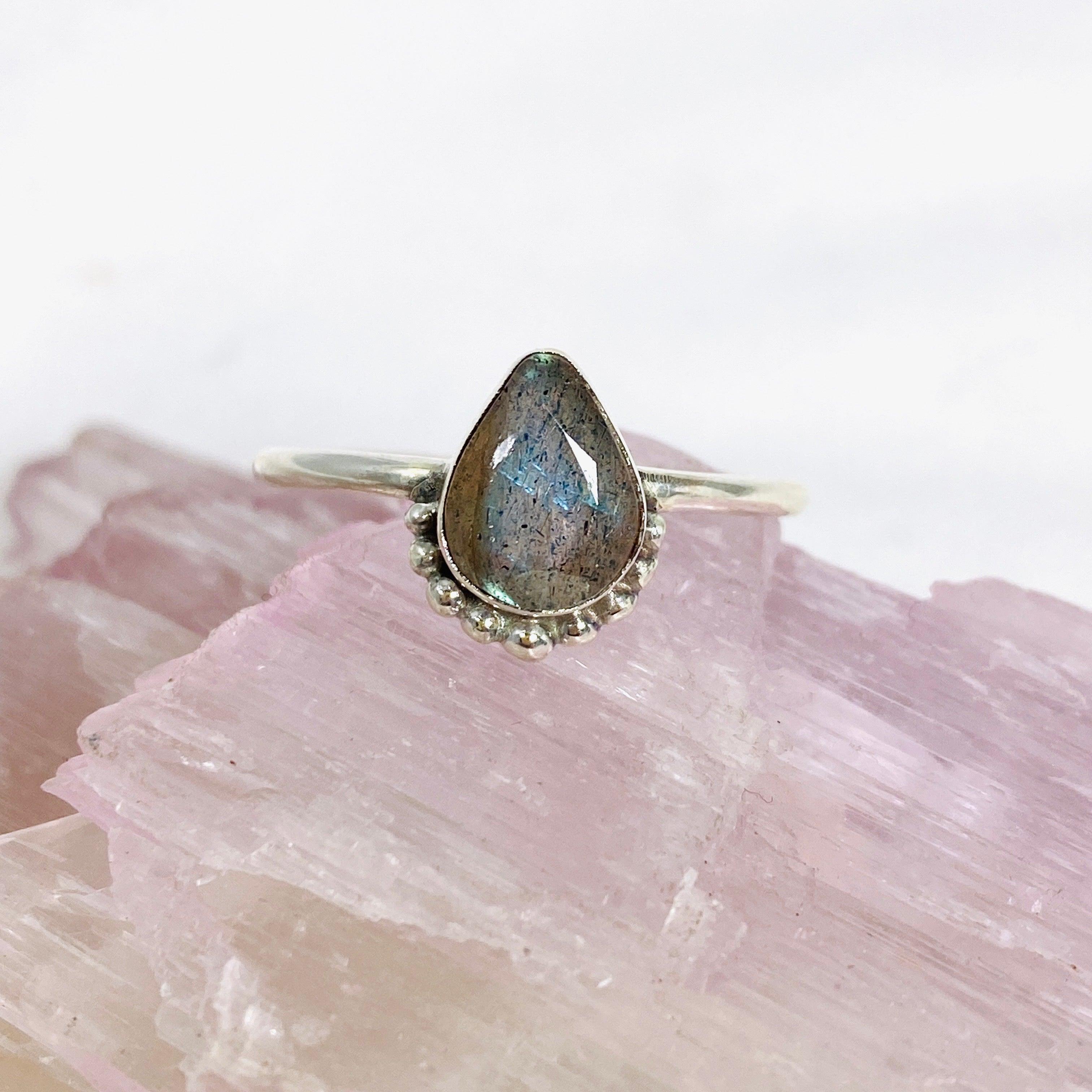Labradorite Teardrop Faceted Fine Band Ring R3800 LB - Elegant Crystal Jewelry for Women, Wedding, Party & Special Occasions