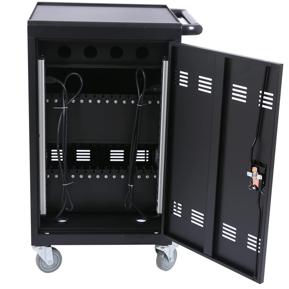 32-Device Mobile Charging Cart for Classroom & Office - Secure Charging Station for iPads, Chromebooks & Laptops with Cord Management, Locking Doors & Surge Protection - Ideal for Schools, Libraries & Workspaces (Black)