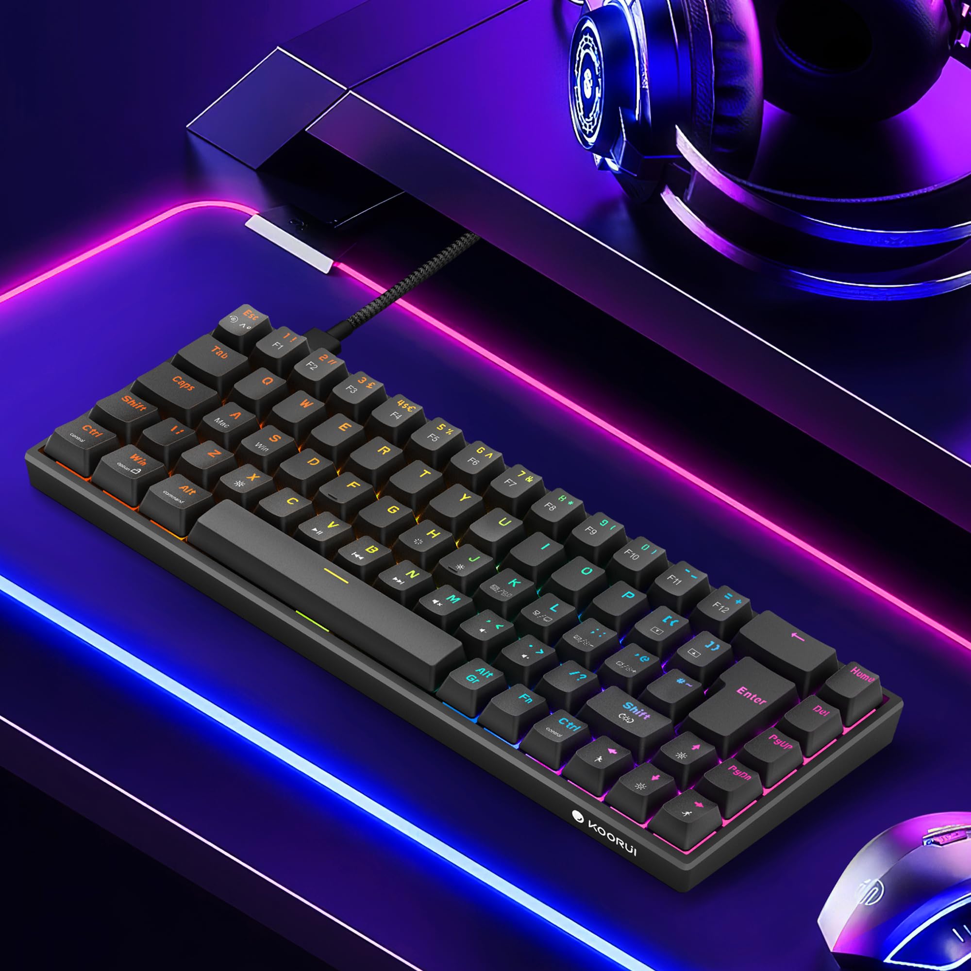 KOORUI 60% Mechanical Gaming Keyboard, Blue Switch, LED Backlit for PC/Mac/Xbox - Compact Gaming Setup
