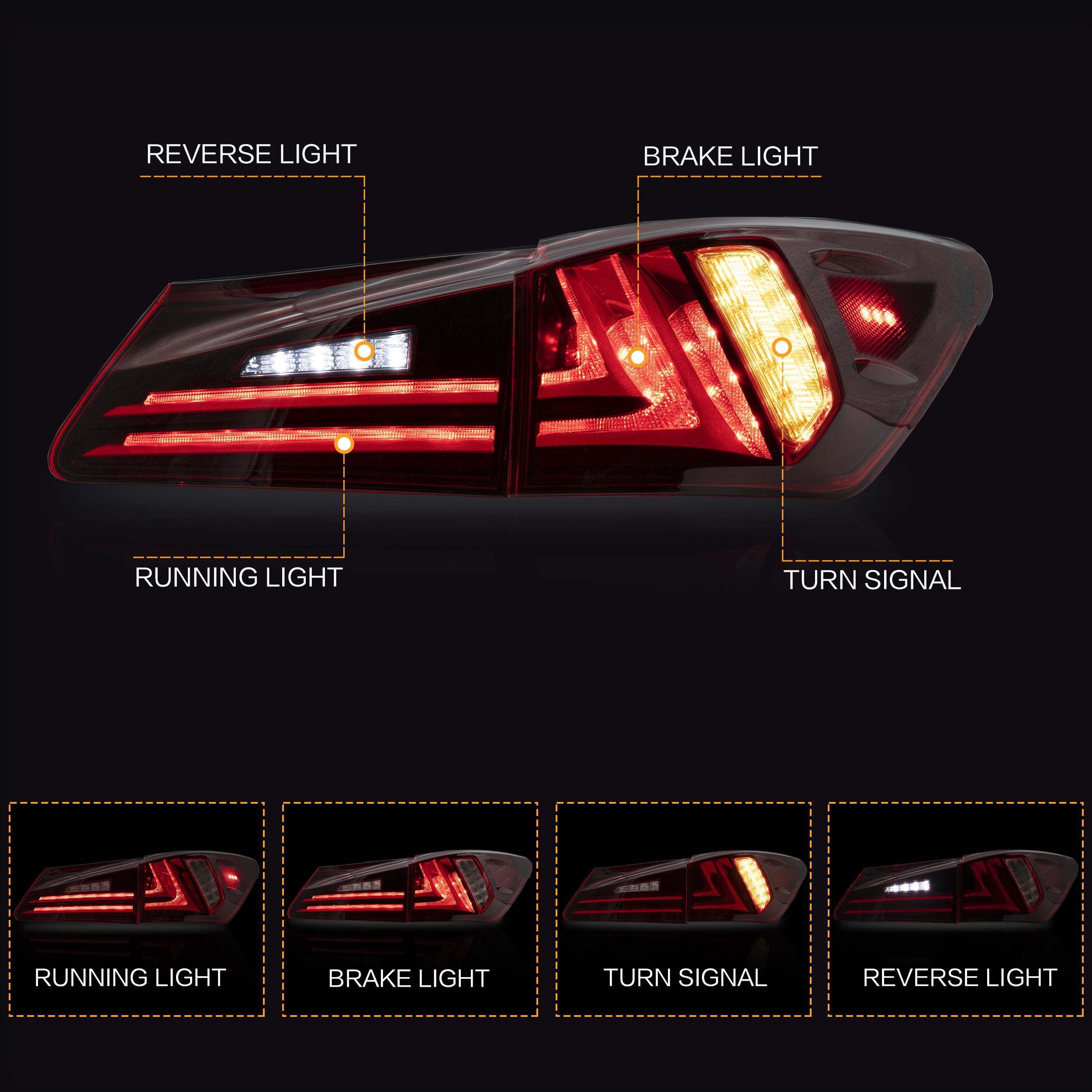 VLAND LED Tail Lights Assembly for Lexus IS250 IS350 2006-2012 & IS220d ISF 2008-2015 - Red Sequential Turn Signals with DRL and Fog Lights - Perfect Upgrade for Night Driving and Enhanced Visibility