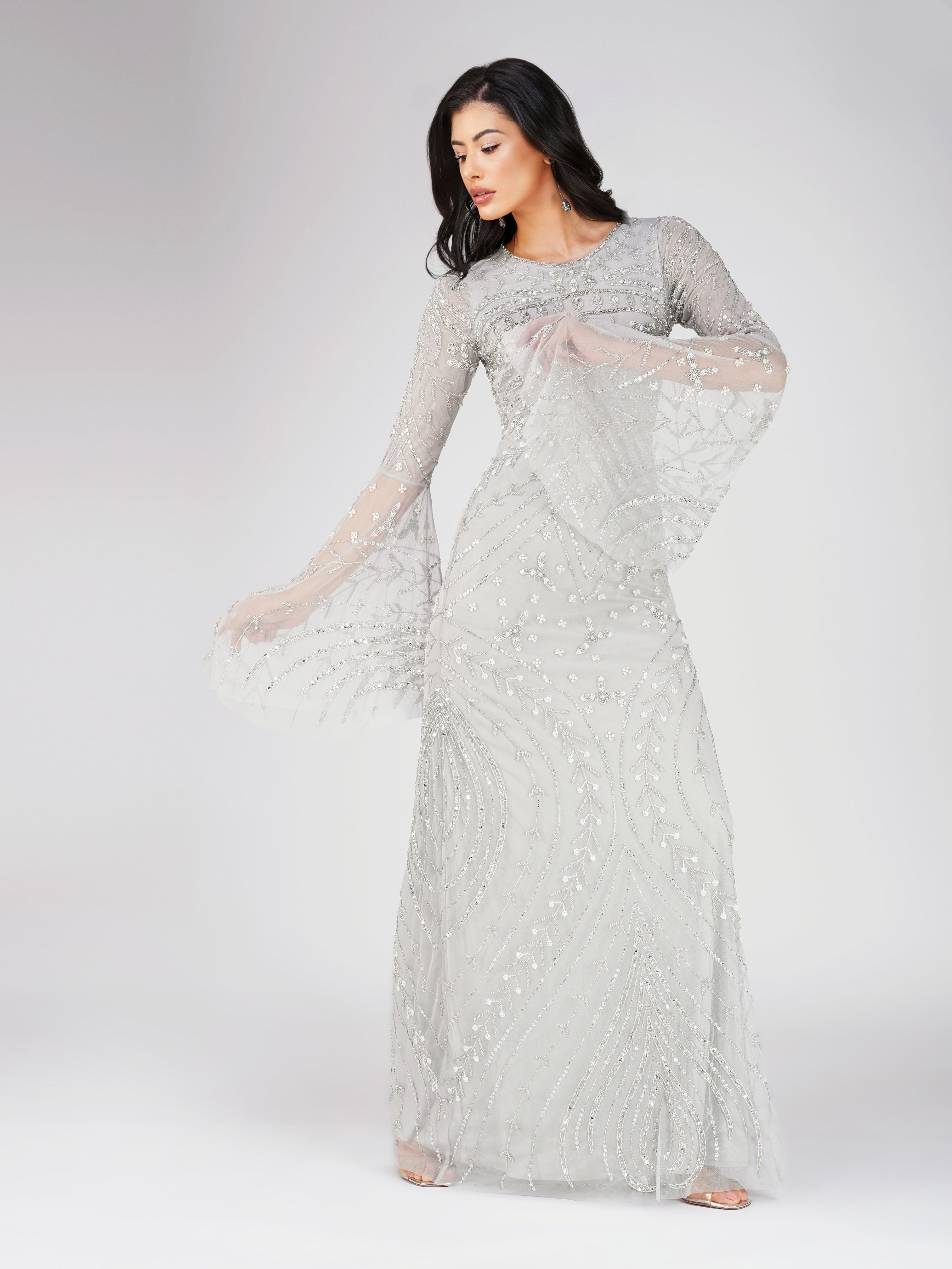 Aleena Embellished Maxi Dress in Silver - Elegant Evening Gown for Weddings, Parties & Special Occasions | Women's Formal Long Dress with Sequins