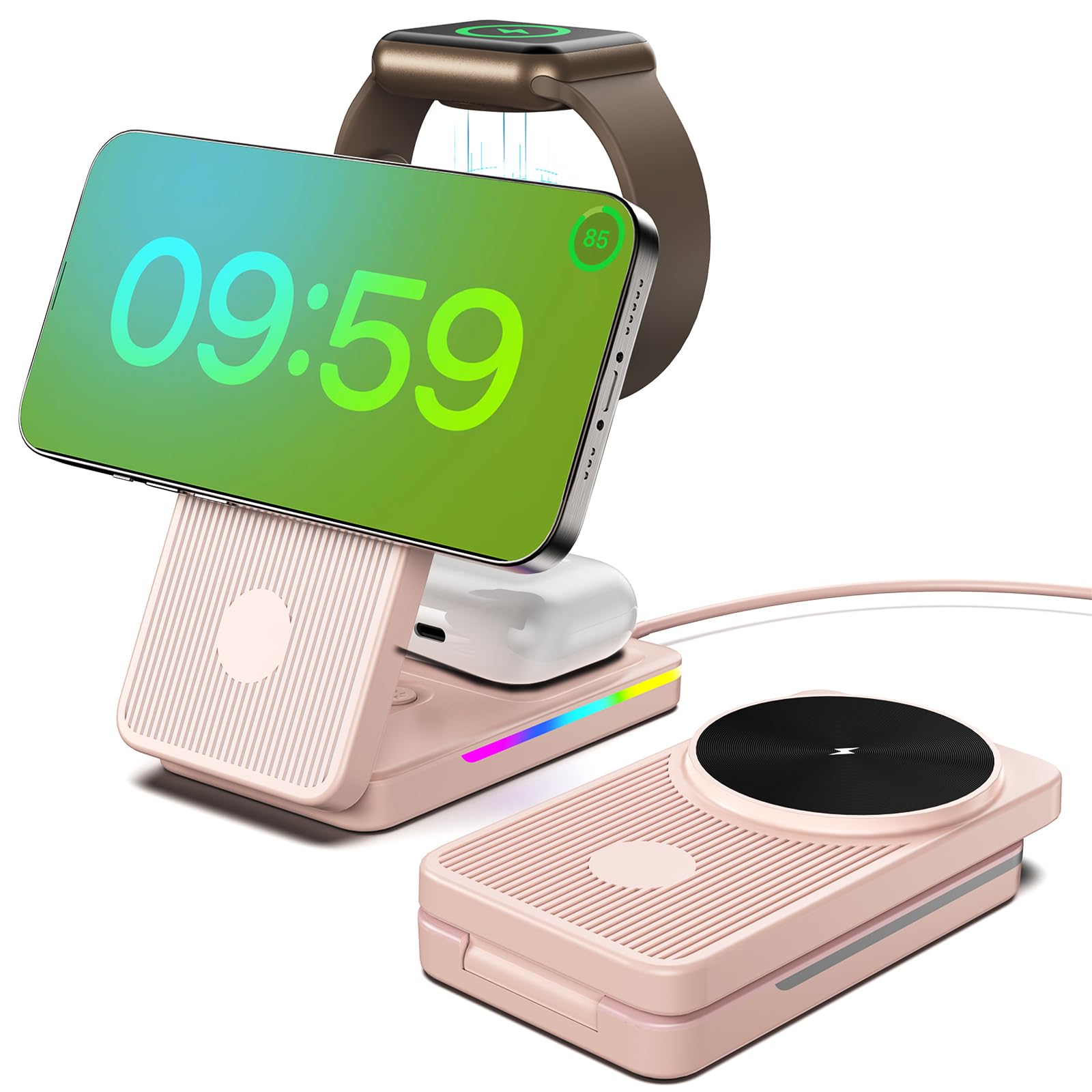 3-in-1 Foldable MagSafe Wireless Charging Station for iPhone 16 Pro Max/15/14/13/12, Apple Watch & AirPods - Pink | Nightstand Charger Stand for Bedroom, Office & Travel