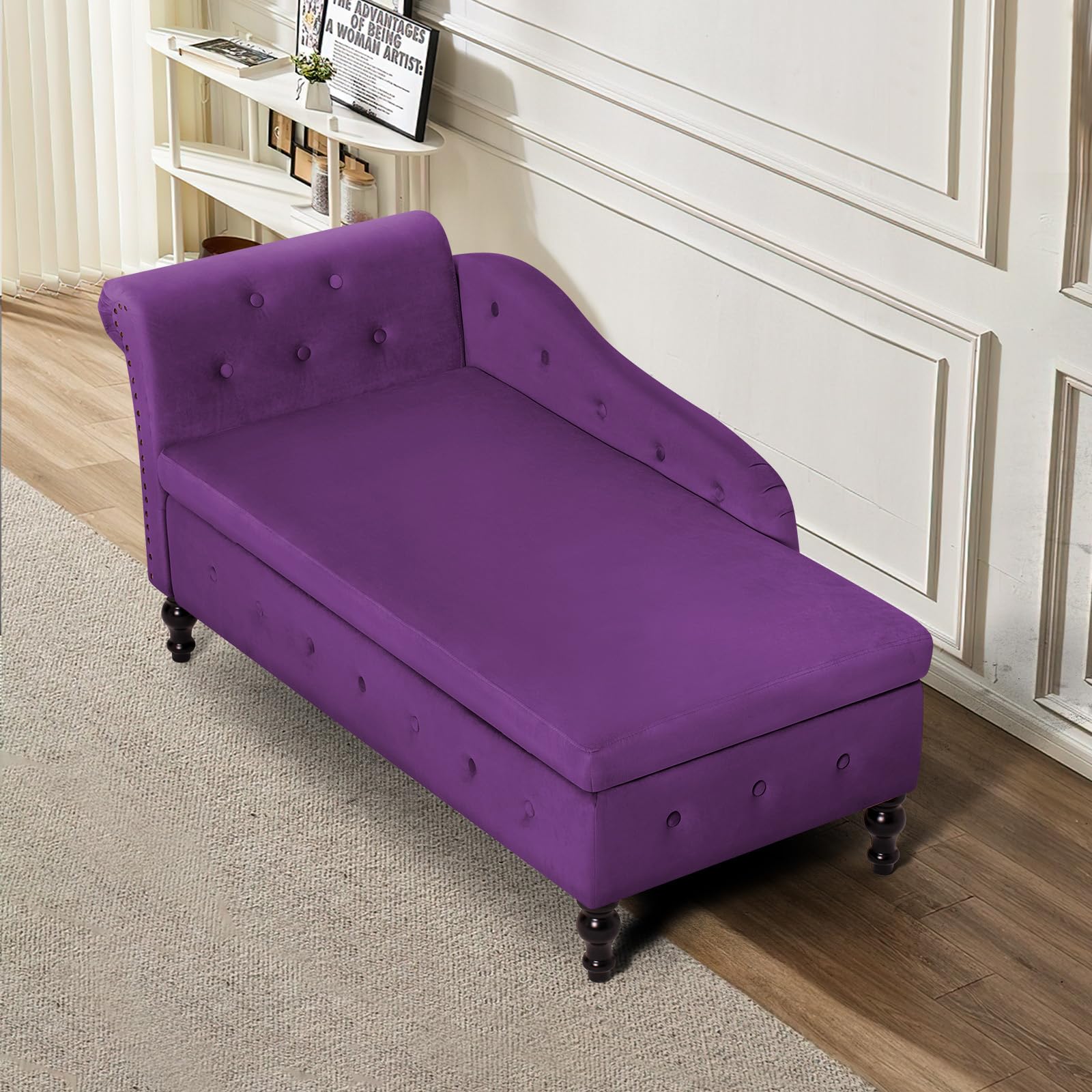 Luxury Upholstered Chaise Lounge with Left Armrest & Lumbar Support - Button Tufted Velvet Sofa with Storage - Modern Lounge Chair for Bedroom, Living Room & Office (Purple) - Perfect for Relaxation, Reading & Small Space Decor