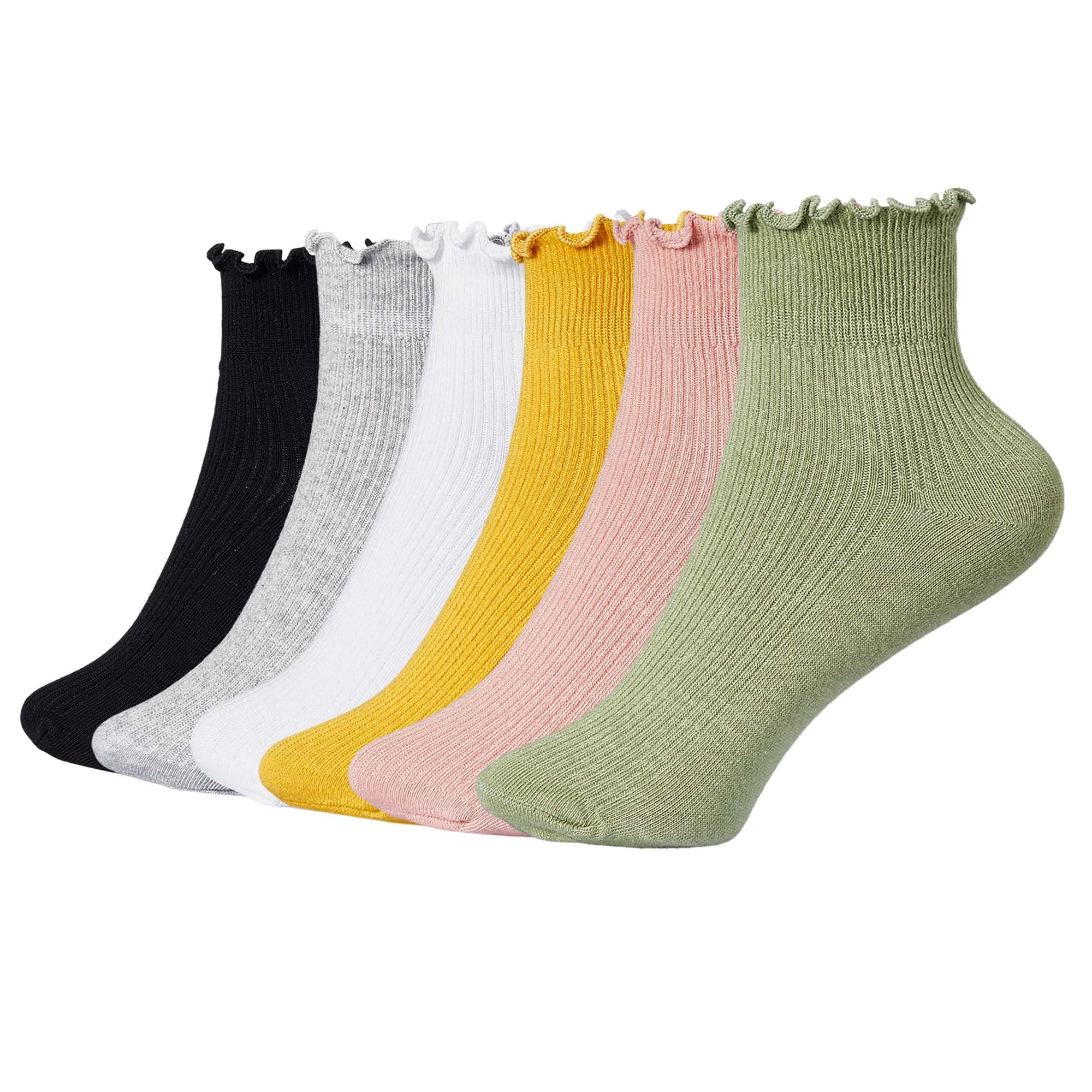 Women's Ruffle Ankle Socks 6 Pack - Soft Cotton Knit Cute Lettuce Trim Turn-Cuff Casual Socks for Everyday Wear, Outfits & Gifts
