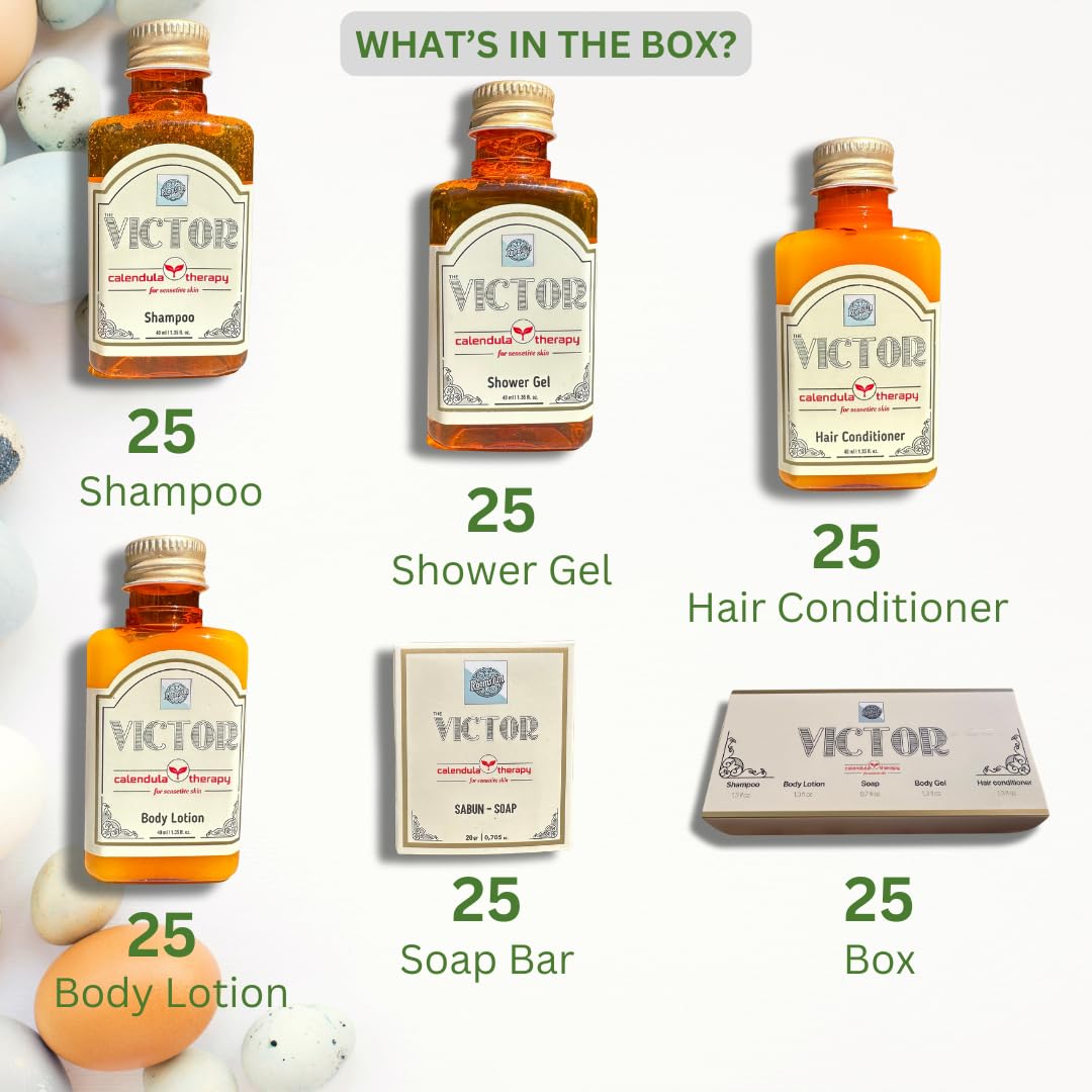 Victor Travel-Size Toiletries Set - Goji Berry Scent | Bulk Shampoo, Body Lotion, Body Wash, Hair Conditioner, Bar Soap (125 Pieces, 25 Boxes) | Vacation Rental Essentials, Hotel Amenities, Travel Kits | Made in Turkey | Perfect for Hotels, Airbnb, Gyms & Travelers