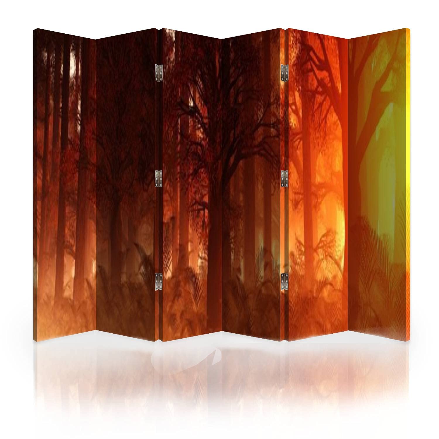 6-Panel Canvas Room Divider Screen - Sunrise Among Trees & Fairy in Fog Design | Folding Privacy Partition for Bedroom, Office & Studio | Decorative Wall Separator for Home & Commercial Spaces