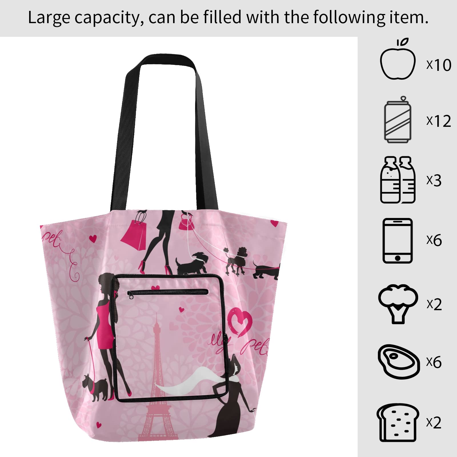 ALAZA Paris Eiffel Tower France Pink Large Dog Tote Bag - Reusable Foldable Grocery Shopping Bag with Handles, Lightweight Shoulder Bag for Women | Perfect for Travel, Picnic, Beach & Outdoor Activities