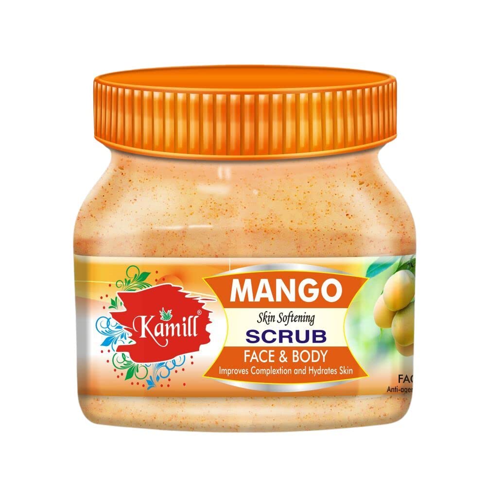 Kamill Mango Skin Softening Scrub - Exfoliating Face & Body Scrub for Smooth, Glowing Skin - Perfect for Dry Skin Care & Pre-Shave Exfoliation