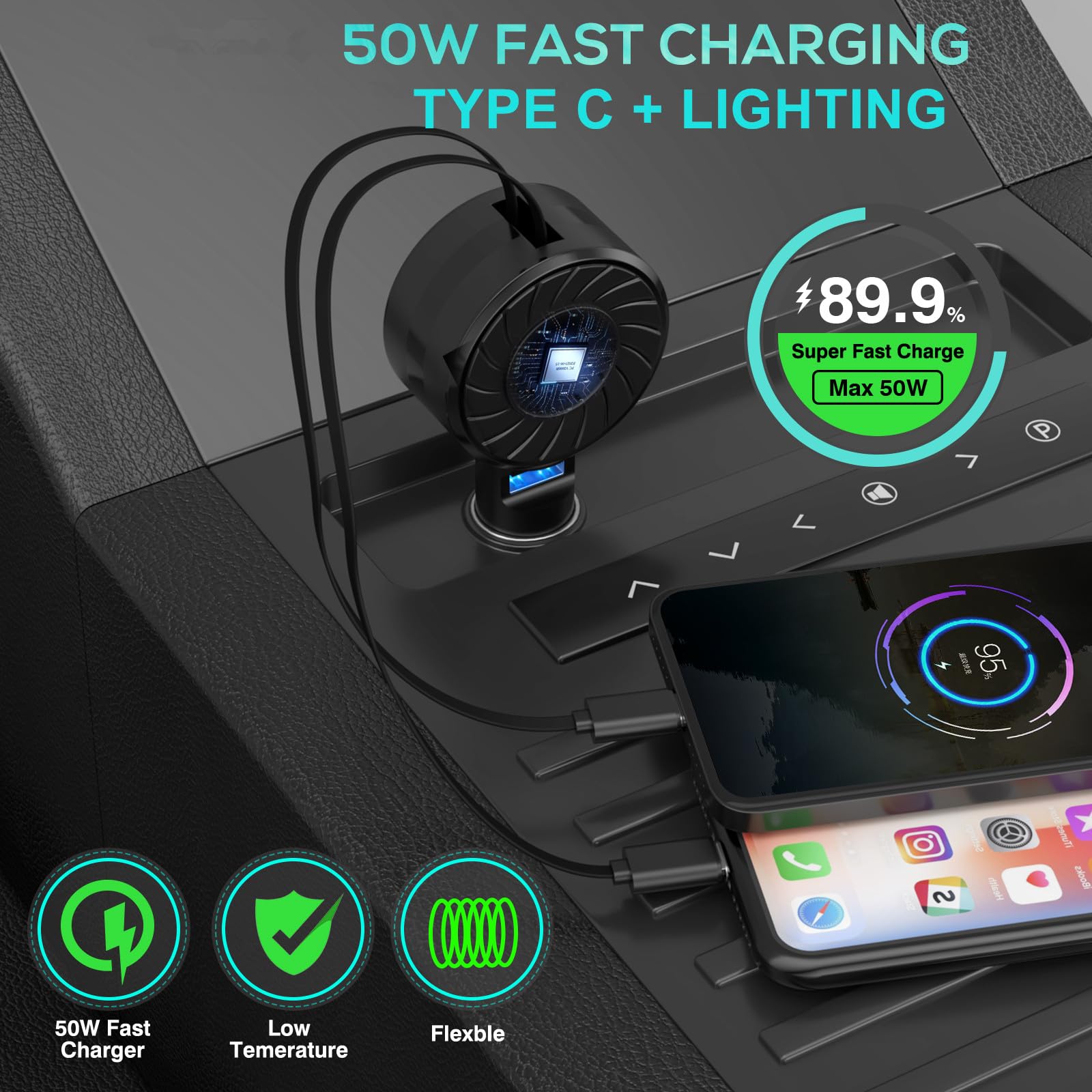 2-Pack Retractable 50W Fast Car Charger with 3-in-1 USB C & Cigarette Lighter Port - Compatible with iPhone 15 Pro/Samsung/Android/Pixel - Perfect for Road Trips & Daily Commutes