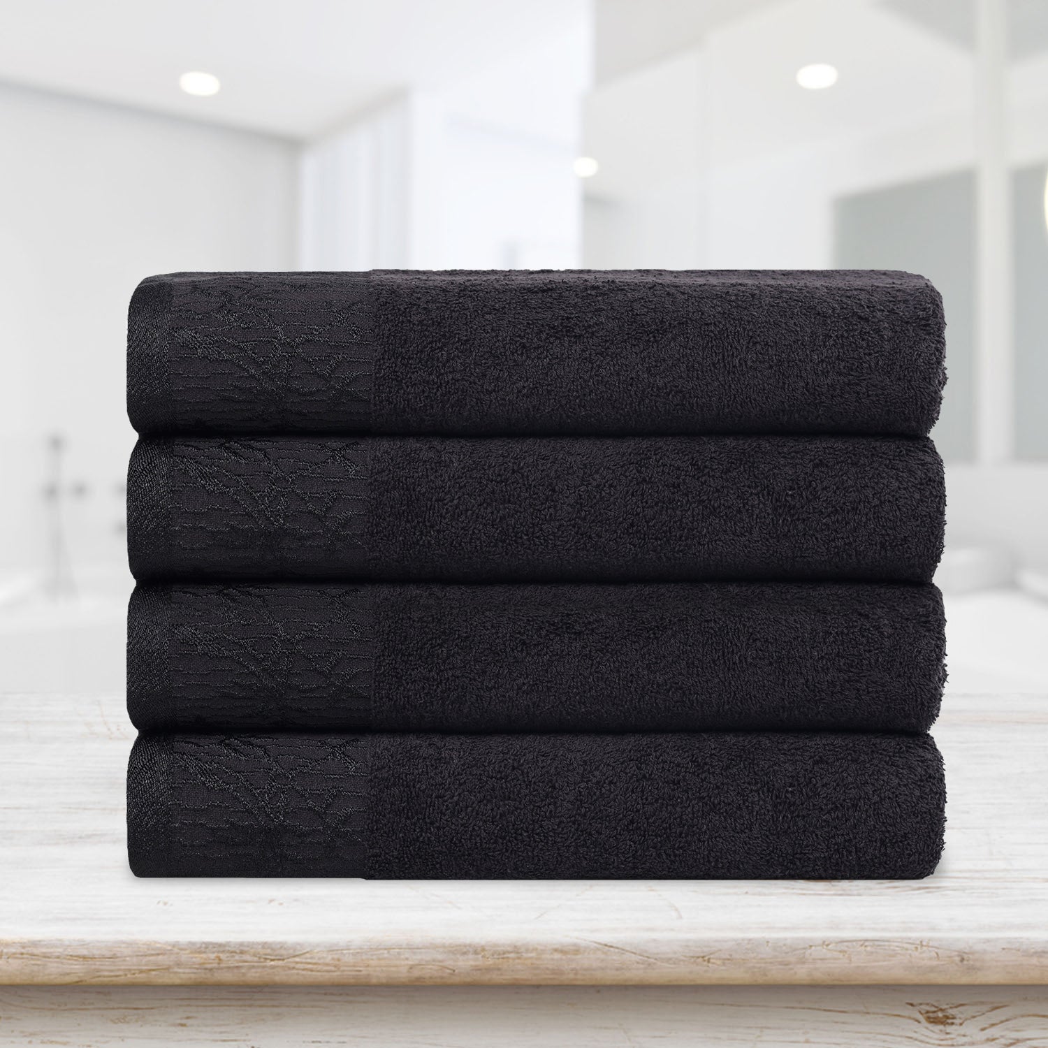 Premium Wisteria Cotton Floral Embroidered Jacquard Border Bath Towel Set of 4 - Ultra Soft & Absorbent Luxury Towels for Spa, Bathroom & Guest Use