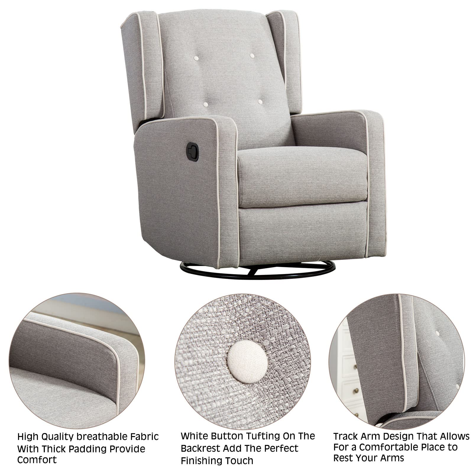 CANMOV Swivel Rocker Recliner Chair - Manual Nursery Glider Rocking Chair with Reclining Function, Soft Gray Upholstery | Perfect for Baby Nurseries, Living Rooms & Breastfeeding Comfort