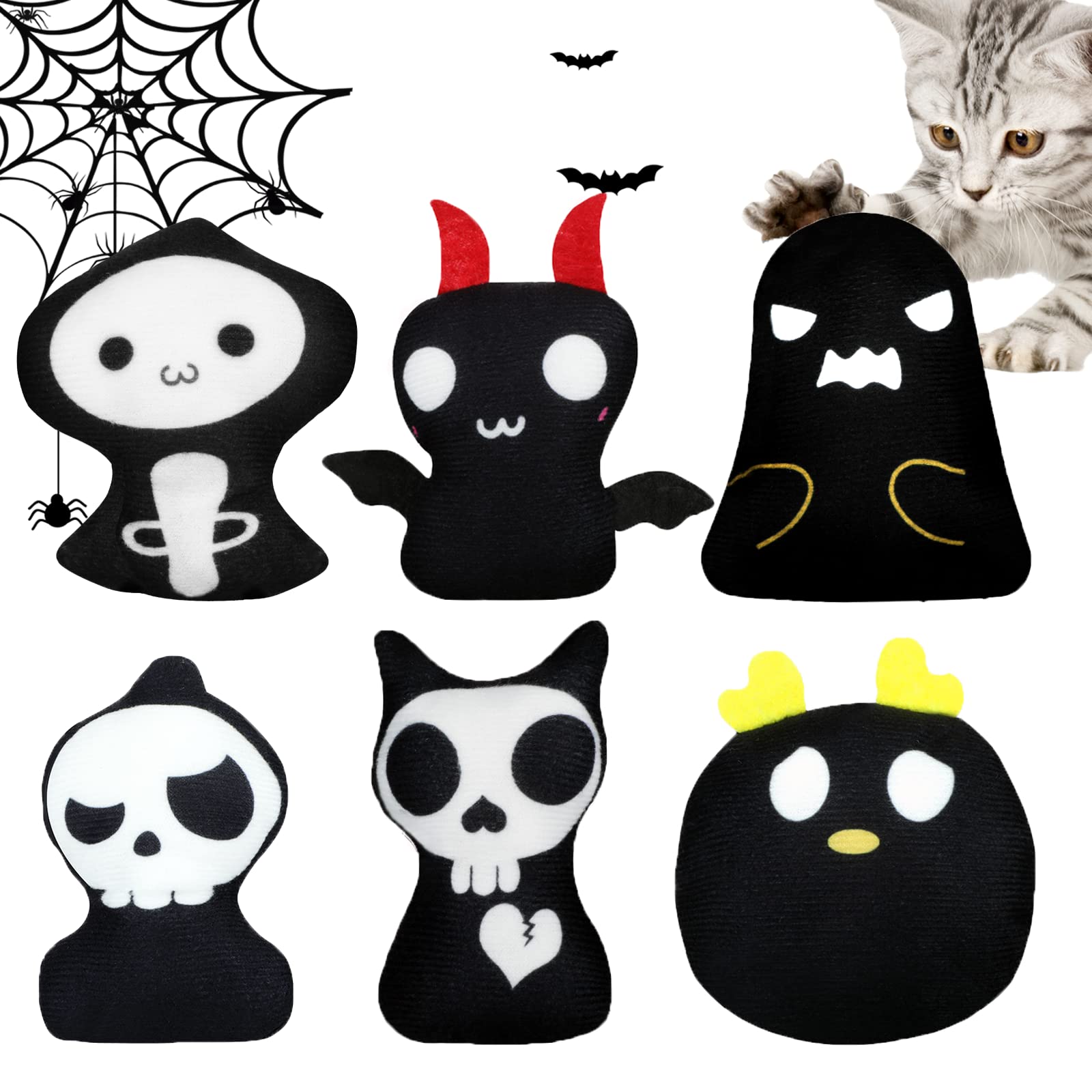 Horrible Halloween Ghost Catnip Toys for Cats - Set of 6 Bite-Resistant, 2-Sided Catnip Filled Chew Toys - Perfect Teething Toys for Kittens & Fun Playtime Gift for Cats - Great for Halloween Parties & Interactive Play