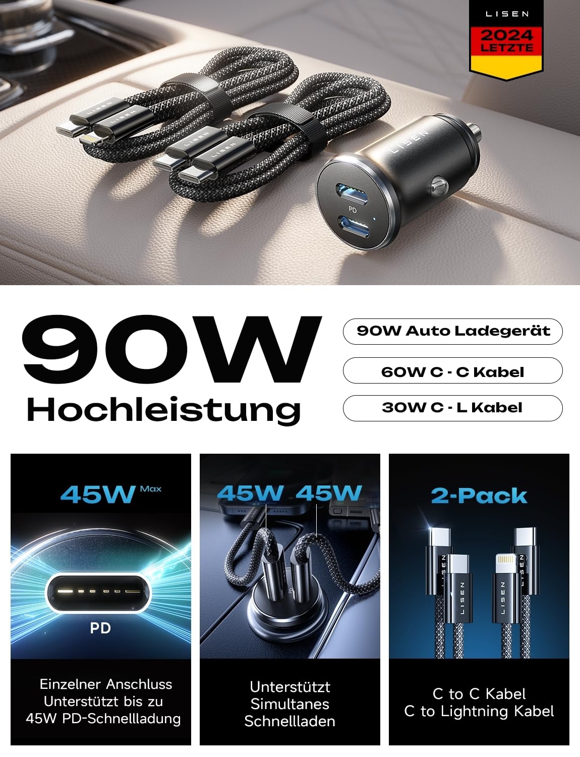LISEN 90W USB C Car Charger with Fast Charging - Dual USB C & Lightning Ports for iPhone 16/15/14 Pro Max, Samsung S24 - Perfect for Road Trips & Commuting