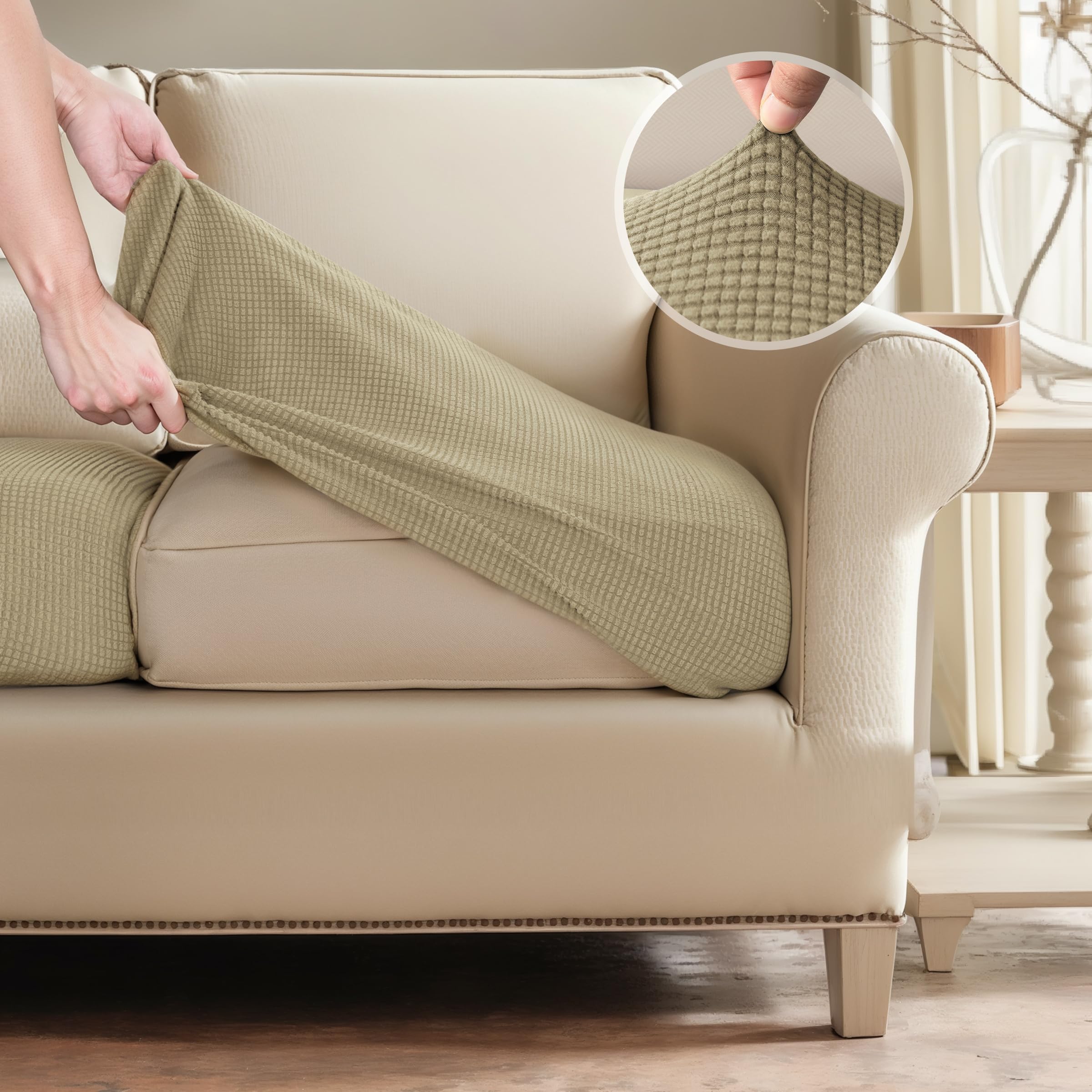 SUBRTEX Stretch Couch Cushion Covers - 2 Pack Elastic Spandex Slipcovers for Sofa, Loveseat, Chair & RV Seats - Sand Color Furniture Protector | Perfect for Home, Office & Travel Use