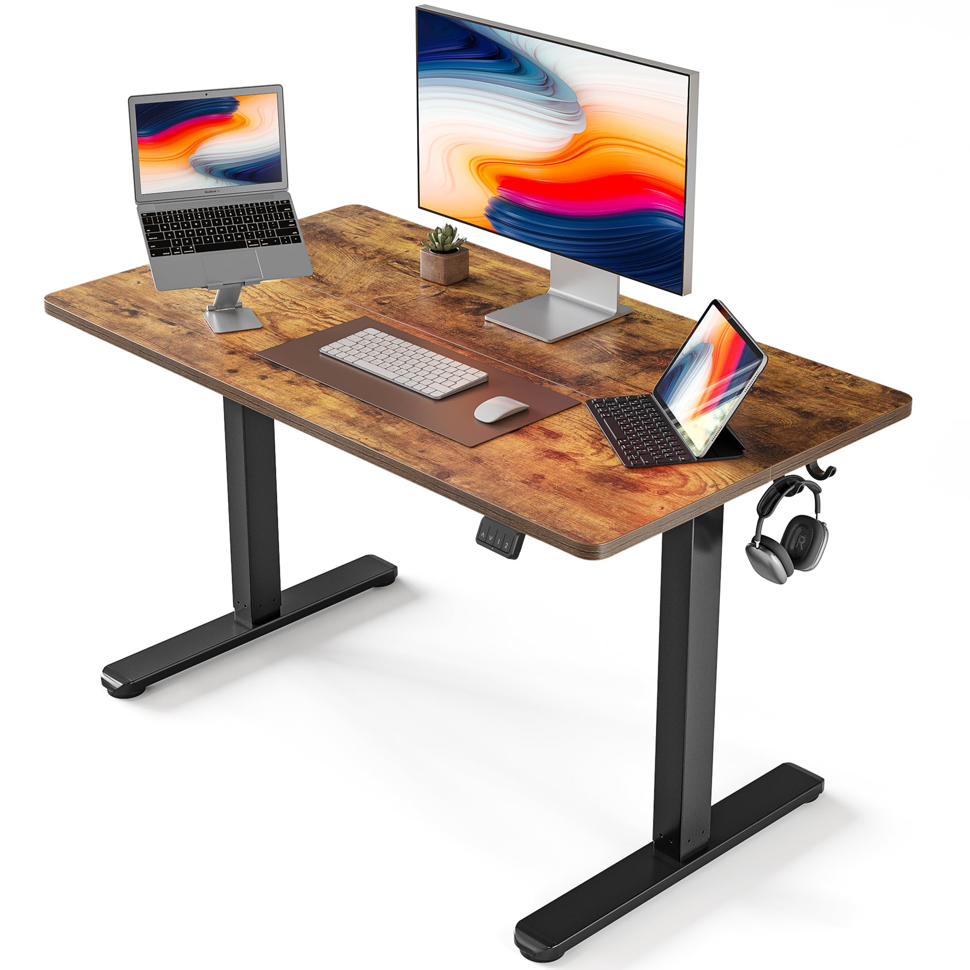 FEZIBO Electric Standing Desk 48 x 24 Inches, Height Adjustable Sit Stand Desk with Splice Board - Black Frame & Rustic Brown Top for Home Office, Gaming, and Workspace Ergonomics