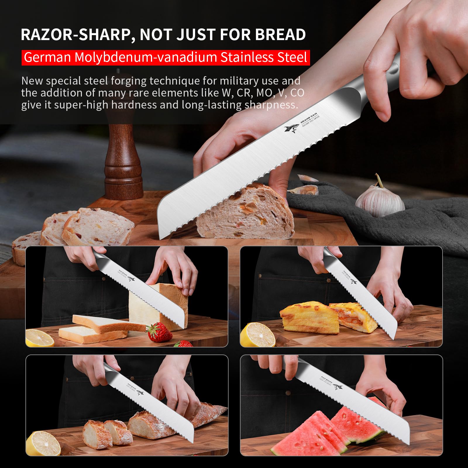 MAD SHARK 8 Inch Bread Knife - Ultra Sharp German Molybdenum-Vanadium Steel Blade - Professional Serrated Knife for Sourdough, Baguettes & Homemade Bread - Perfect for Bakeries, Kitchens & Bread Lovers