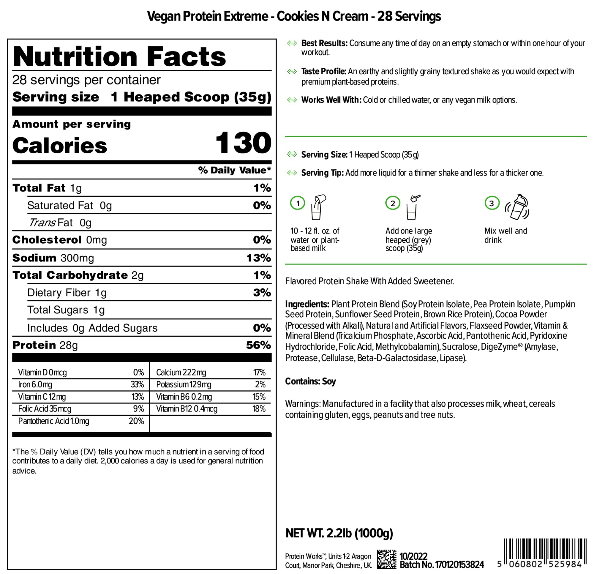 Protein Works Vegan Protein Extreme - 29g Plant-Based Protein Shake, Multi-Source Protein Blend, Cookies 'n' Cream Flavor (2.2 lb) for Post-Workout Recovery & Muscle Building | Vegan Fitness Nutrition