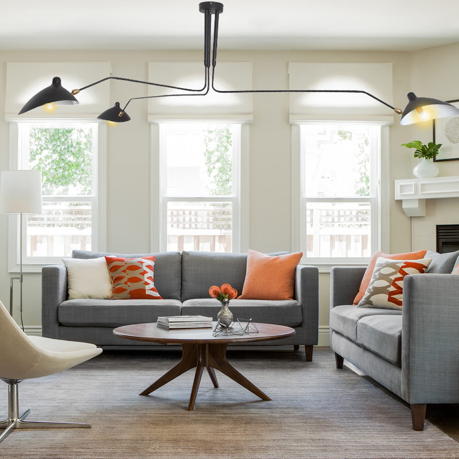 Black 3-Arm Adjustable Ceiling Light Fixture - Modern Pendant Chandelier for Living Room, Bedroom, Cafe & Dining Room | Mid-Century Design Hanging Light for Home Decor & Commercial Spaces