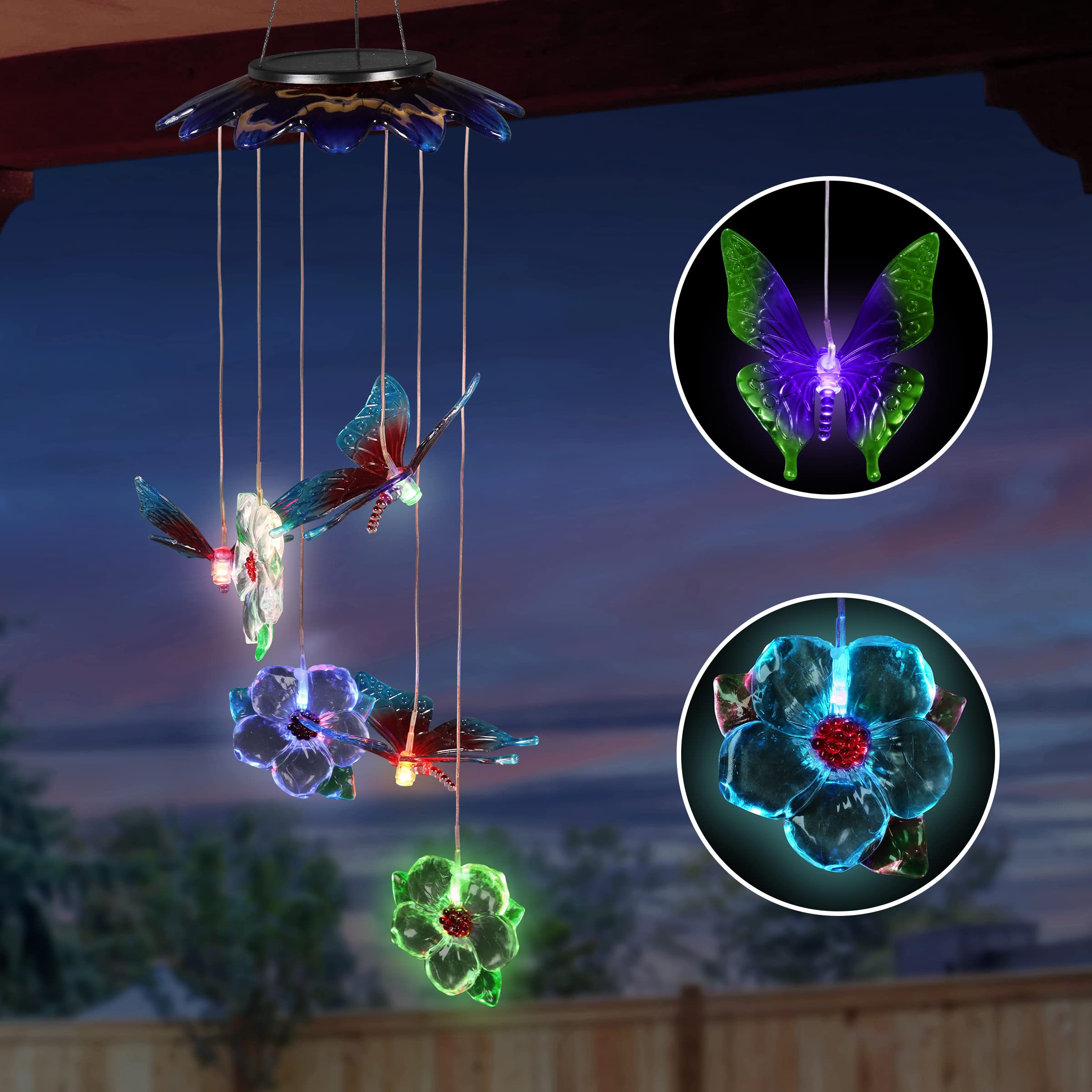 Exhart Solar-Powered Color Changing LED Flower & Butterfly Hanging Mobile - Weatherproof Acrylic Outdoor Decor with 6 LED Lights for Garden, Patio, Yard - Perfect for Evening Ambiance & Summer Parties (7