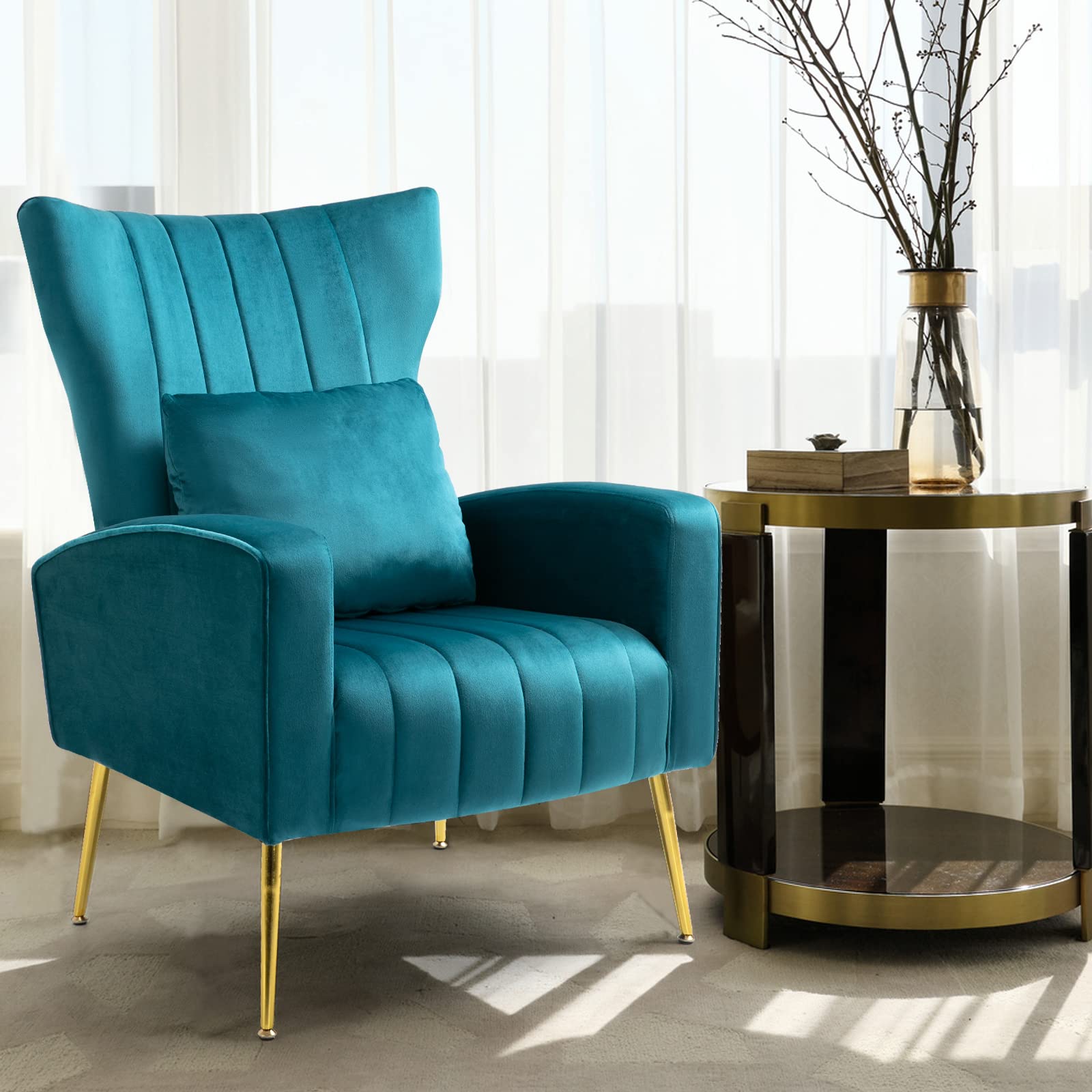 X-VOLSPORT Velvet Accent Chairs Set of 2 - Mid Century Modern High Back Living Room Chairs with Waist Pillow & Gold Metal Legs - Upholstered Armchairs for Bedroom, Club, Office & Lounge (Blue)
