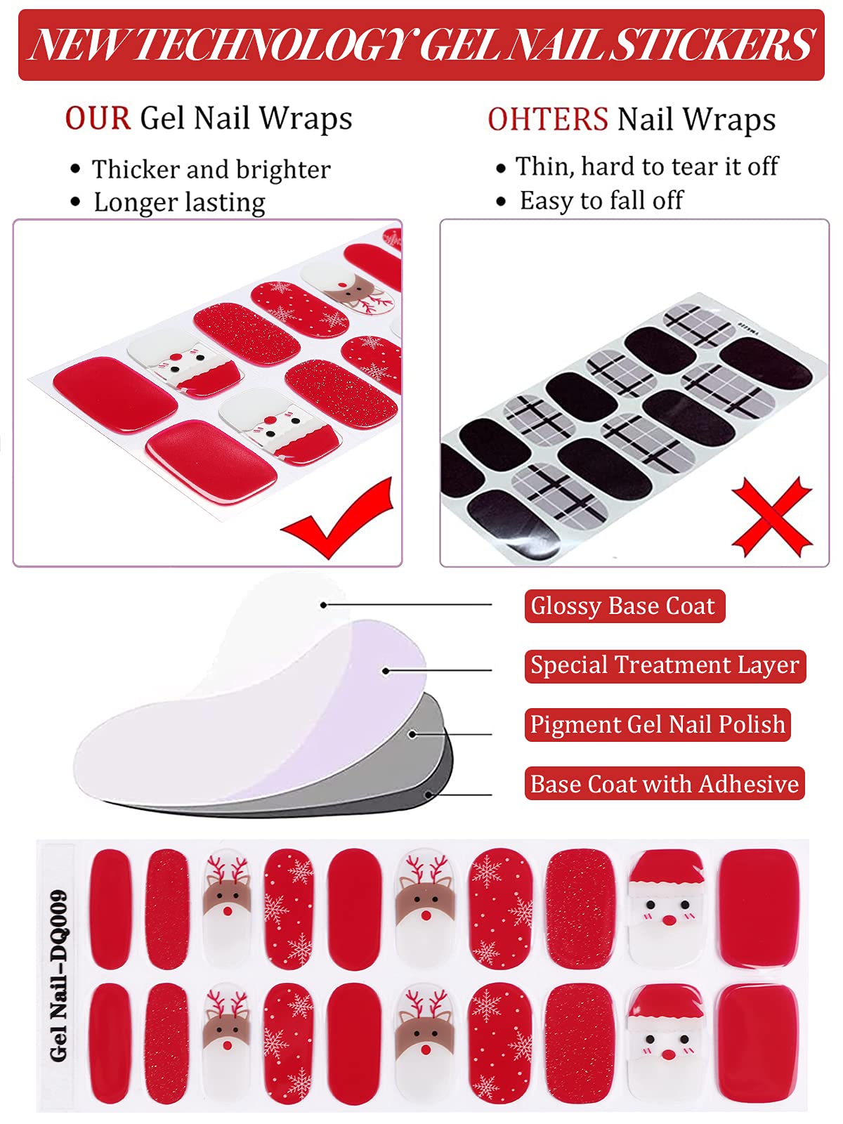 EBANKU Christmas Semi Cured Gel Nail Strips - Snowflake Elk UV Gel Nail Stickers for Women & Girls, DIY Nail Art Decorations (UV/LED Lamp Required) - Perfect for Holiday Parties, Gift Giving & Festive Nail Designs