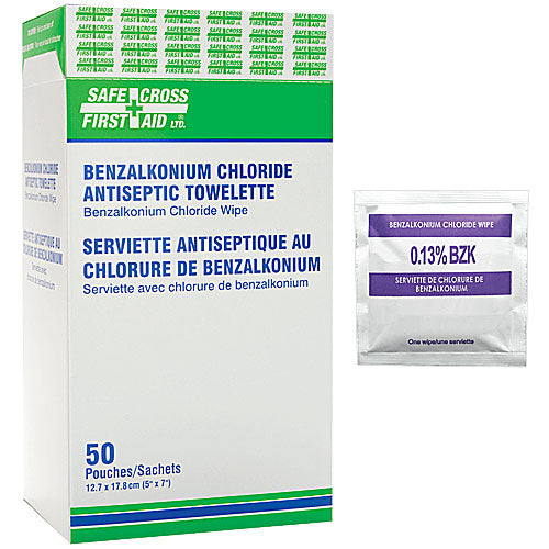 BENZALKONIUM CHLORIDE (BZK) Antiseptic Wipes - 50 Count Box | Disinfecting Towelettes for First Aid, Sanitizing Surfaces & Personal Hygiene | Medical, Home & Travel Use