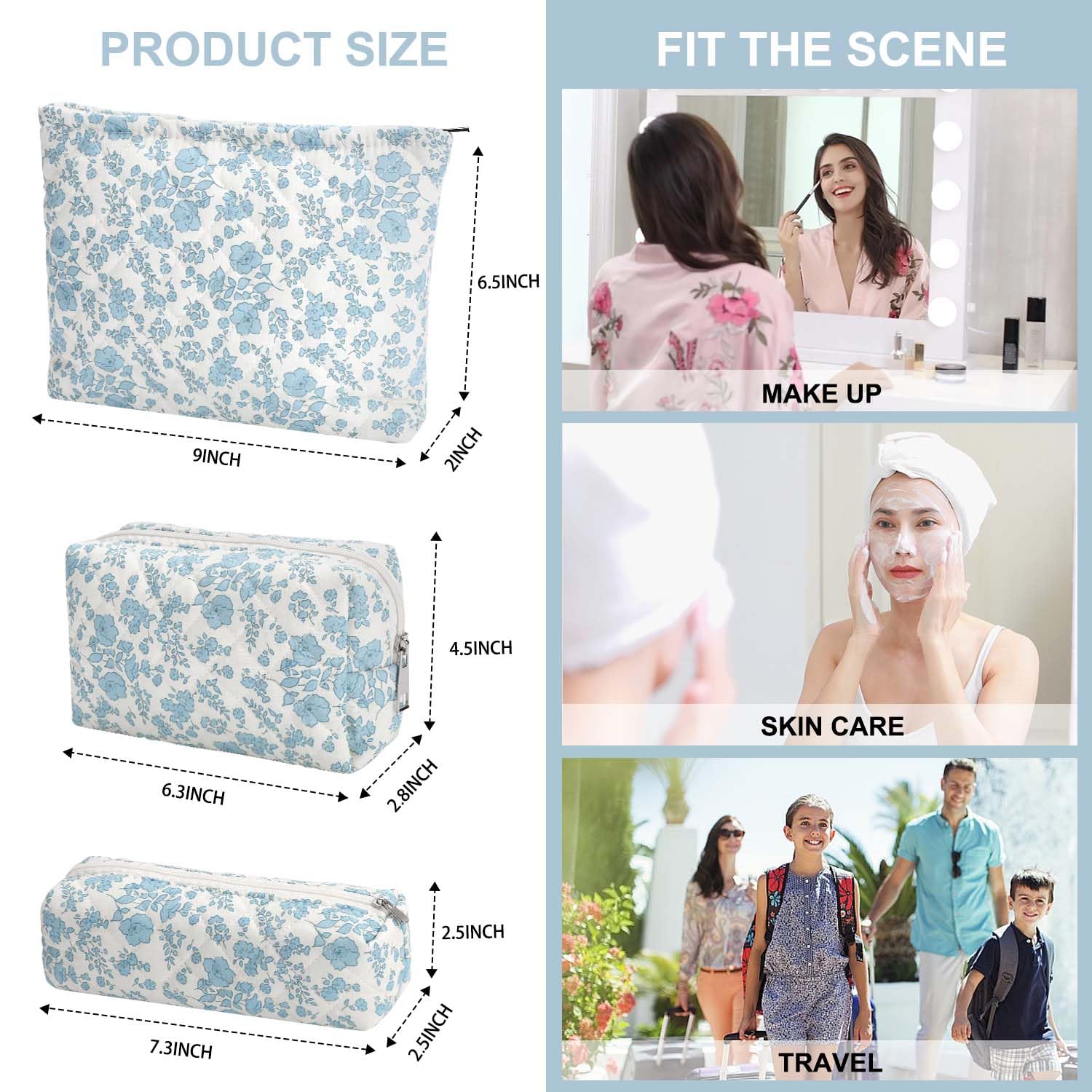 EIMMBD 3-Piece Large Waterproof Makeup Bag Set for Women | Travel Cosmetic Organizer Pouch (Blue & White) | Perfect for Travel, Gym, Daily Storage & Beauty Essentials | Great for Vacation Packing, Toiletry Storage, Makeup Artist Kits & On-the-Go Organization | Compact & Spacious Design for Cosmetics, Skincare & Personal Care Items