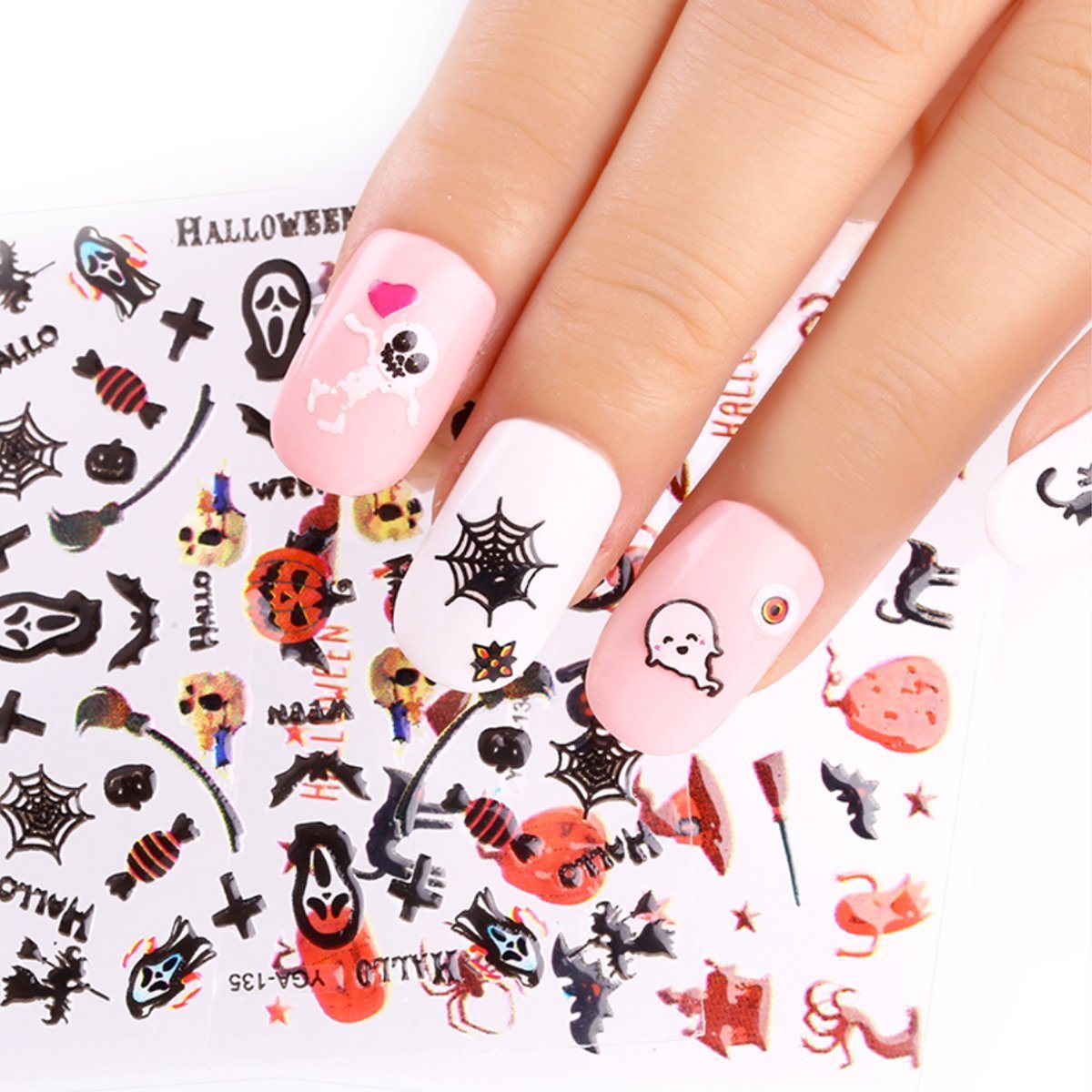 AllyDrew Halloween Nail Art Stickers Set - 24 Sheets Ghost & Bat Cartoon Decals, Black Vinyl Nail Stickers for Halloween Party, DIY Nail Art, Costume Accessories & Spooky Nail Designs